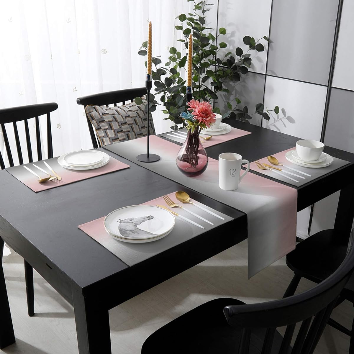LaBLUUX Table Runner with 6 Placemats, Gradient Color Pink Grey Cotton Linen Dining Mat Set Heat Resistant Washable for Dining Table/Kitchen/Living Room/Office/Picnic 16x72 Inch