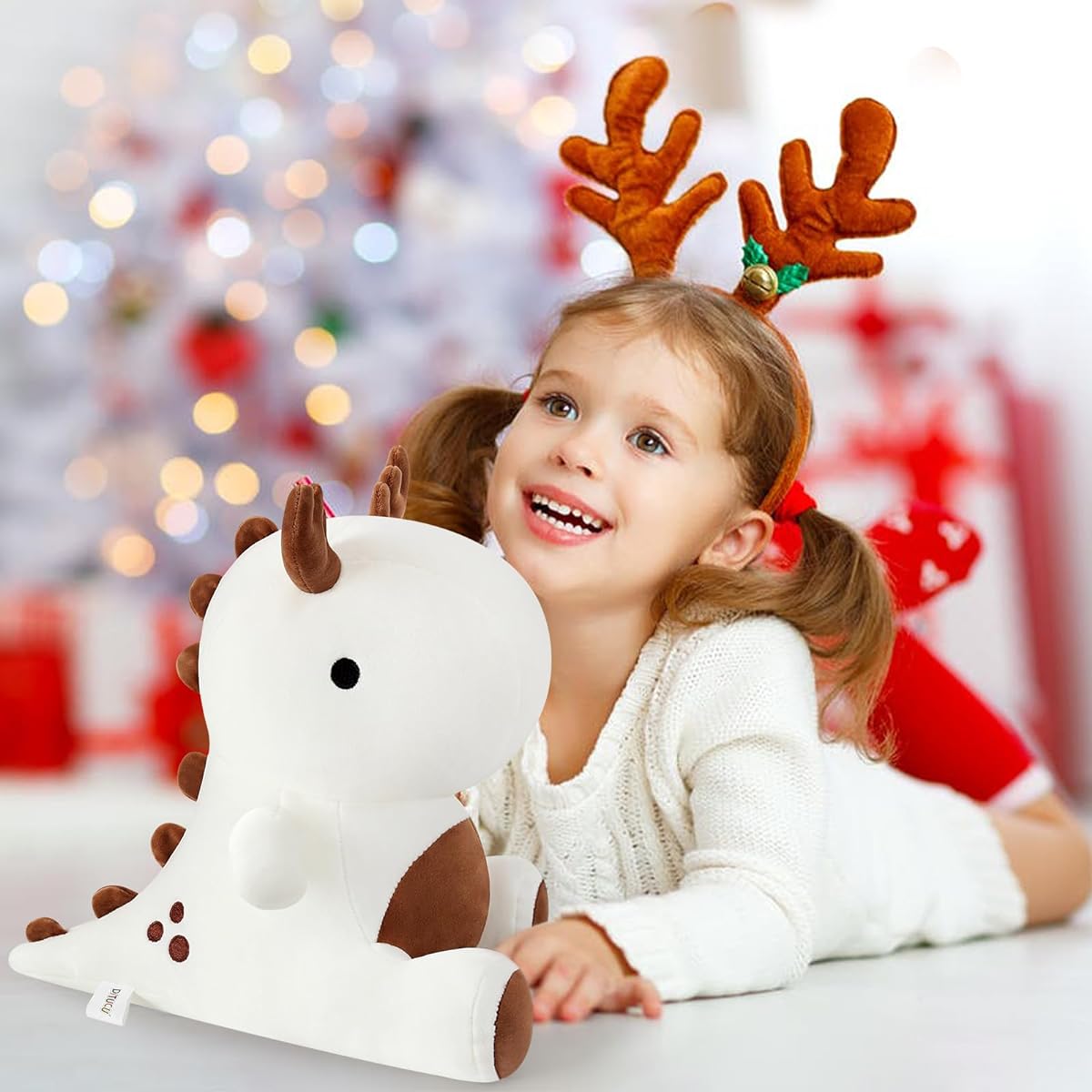 Ditucu Cute Dinosaur Plush Toy Wear Horn Stuffed Doll Soft Dinosaur Stuffed Christmas Birthday Gift for Children Girls Boys White 12 Inch