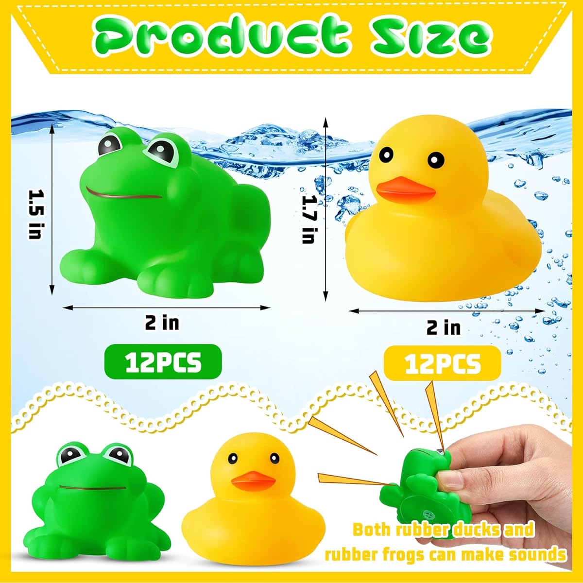 Mini Rubber Ducks 12pcs Rubber Frogs Sound and Float Mini Duck Rubber Bath Toy Green Frog Bath Toy Yellow Duck Floating Rubber Duck Bathtub Toys for Boys Girls Shower Toys 2 x 2 Inch