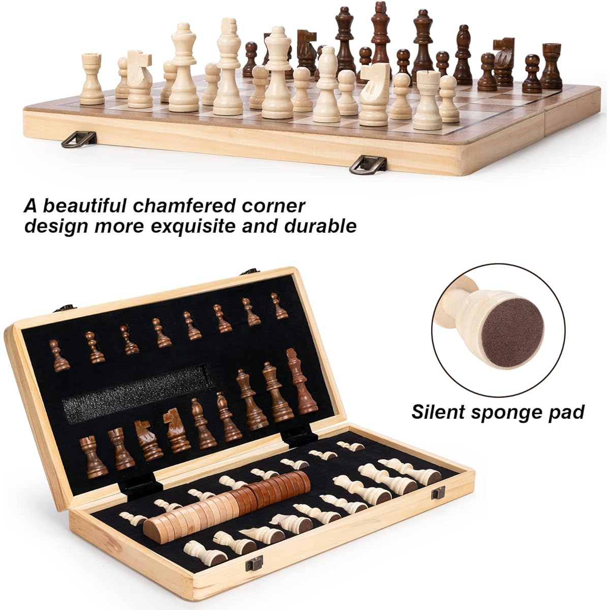 15" Wooden Magnetic Chess Set (2-in-1) - Great Educational Gift in Gift Box, Includes 24 Checkers Pieces, Magnetic Chess Board Beginner Set for Kids and Adults