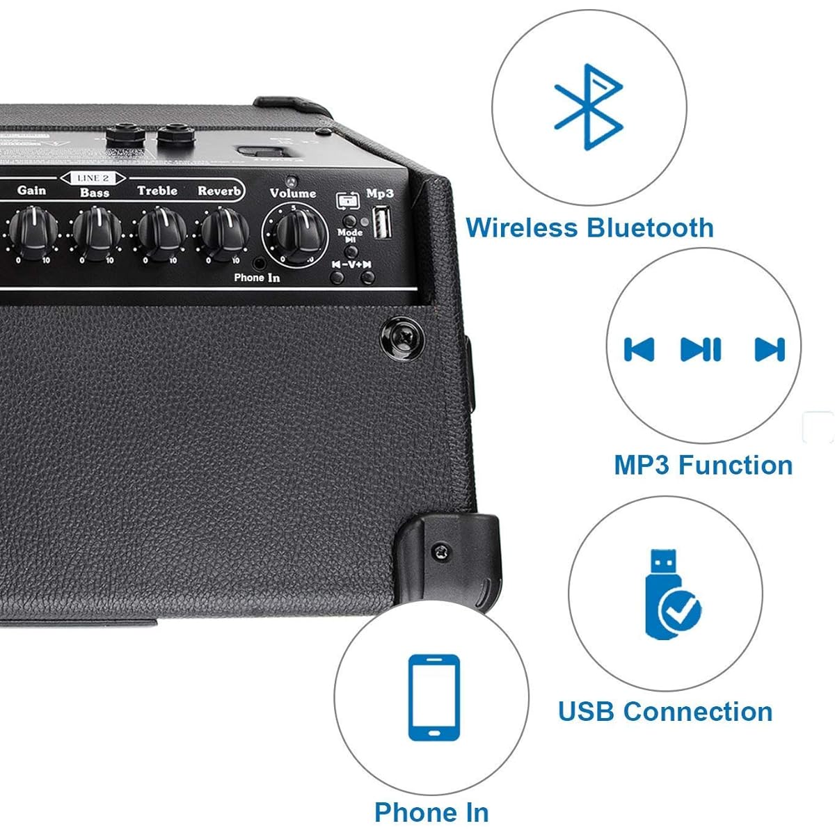Coolmusic Battery Powered Acoustic amplifier, Acoustic guitar amplifier with BT, compact, lightweight design, 40W high output, 3 channels, 2 band EQ, black