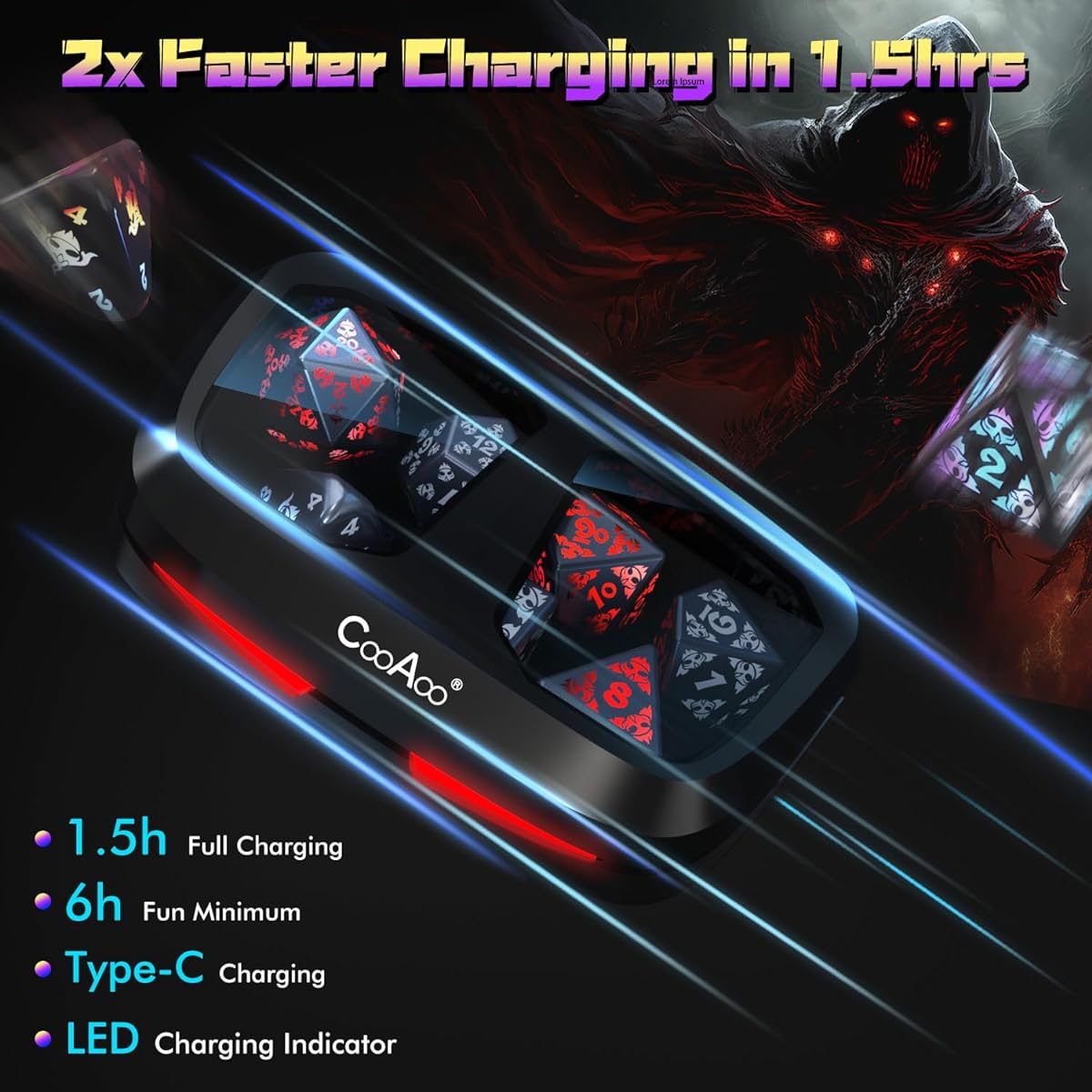 CooAoo Rechargeable Light Up DND Dice Set with Charging Box, LED Polyhedral Role Playing D&D Dice for Dungeons & Dragons PRG MTG Warhammer Sci-Fi Yu-Gi-Oh Theme Tabletop Games