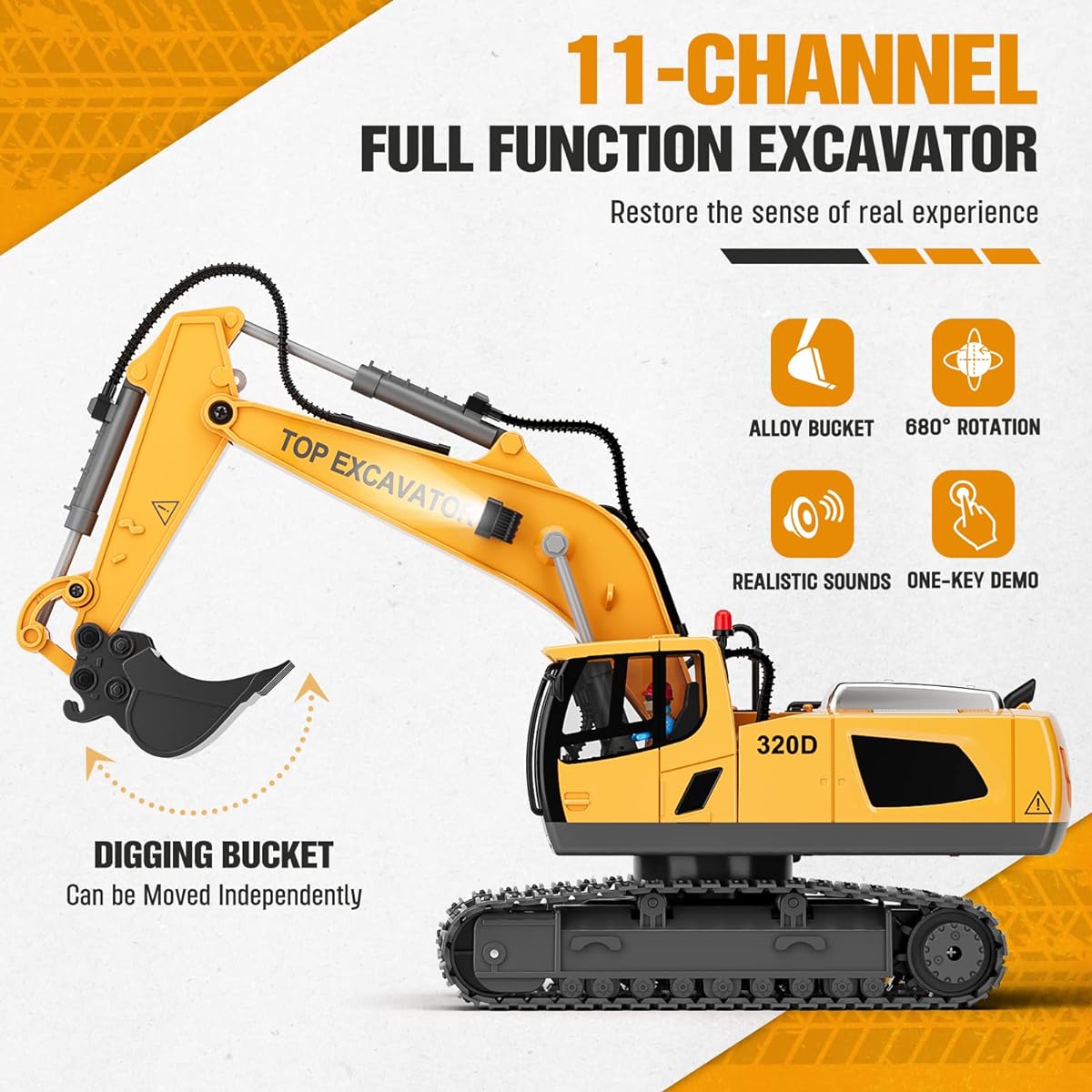 Remote Control Excavator Construction Toy for Boys, 2x1200mAh RC Excavator Toy with Metal Shovel & Light, 11CH Excavator Toy for Boys 3-5 4-7 8-12 Years Old Kids 2023 Christmas Birthday Gift, Over 120 Minutes