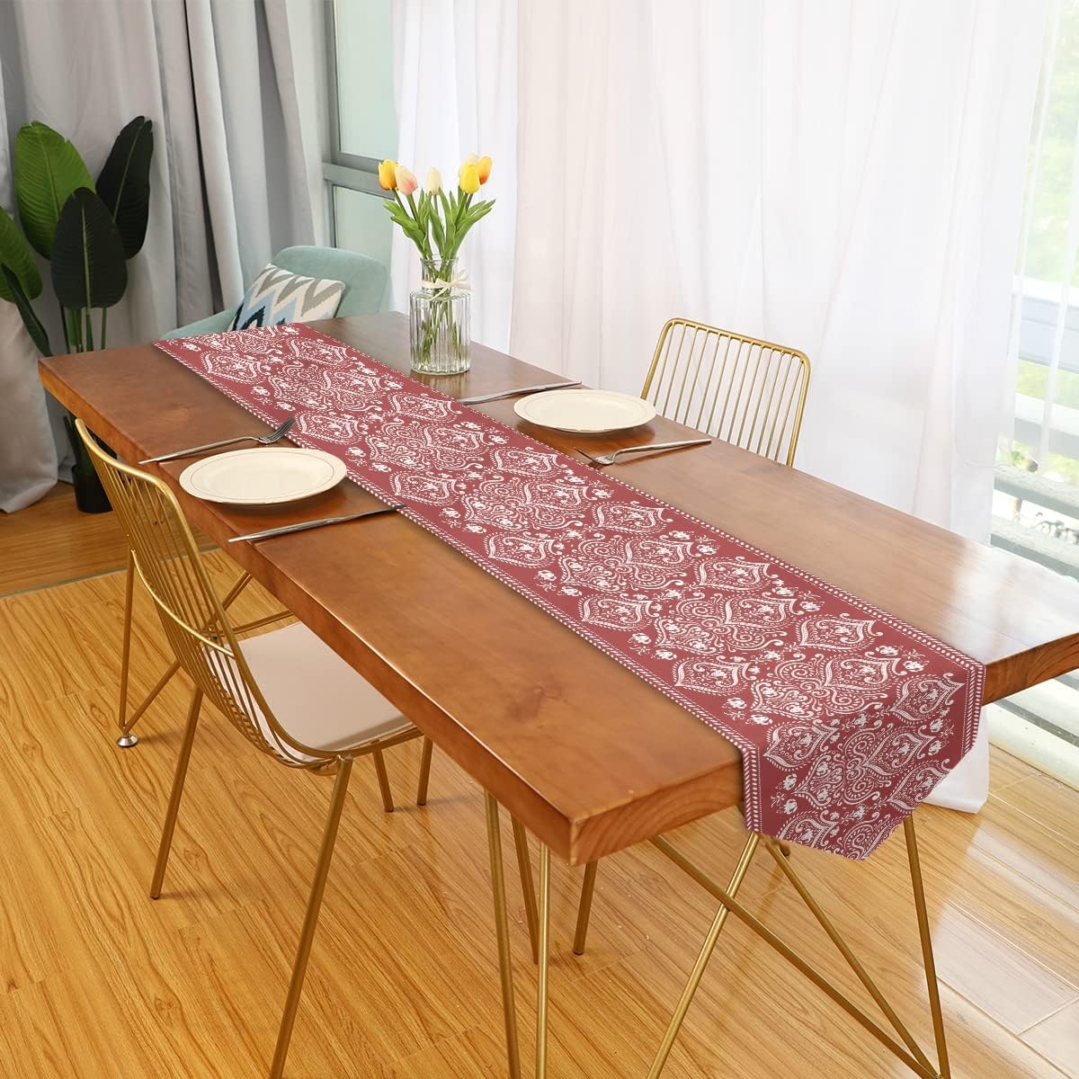 MNSRUU Table Runner Red Floral Boho Dining Coffee Wedding Farmhouse Home Kitchen Decor 70" Long