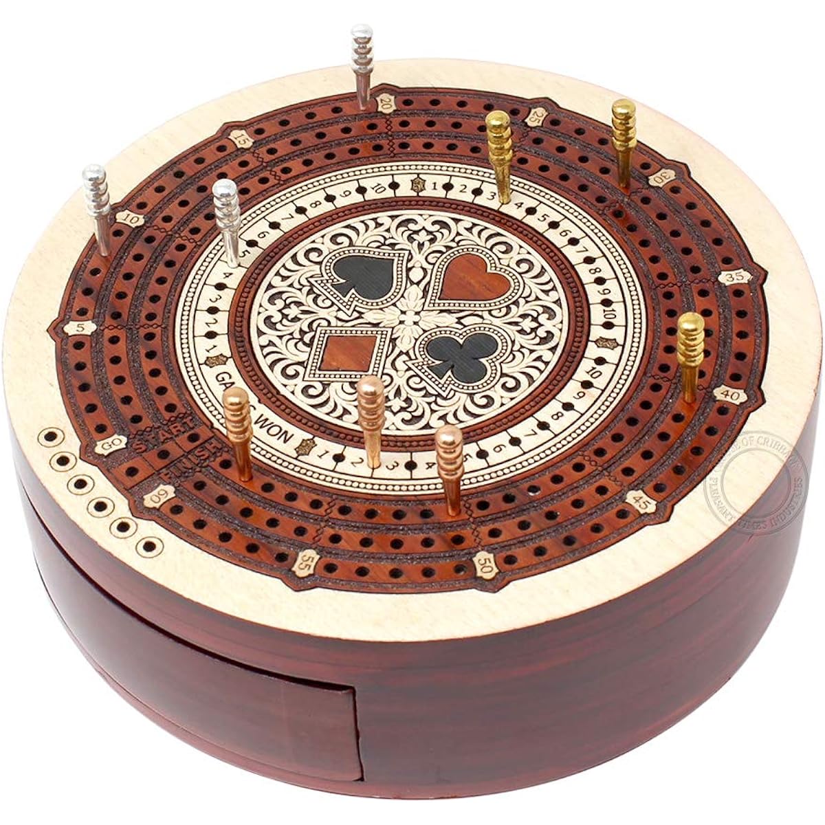 House of Cribbage - Circular 3 Track Non-Continuous Cribbage Board - Push Drawer Storage for Pegs with 1 Deck of Cards and Score Marking Field for Won Games (Maple Wood/Blood Wood)