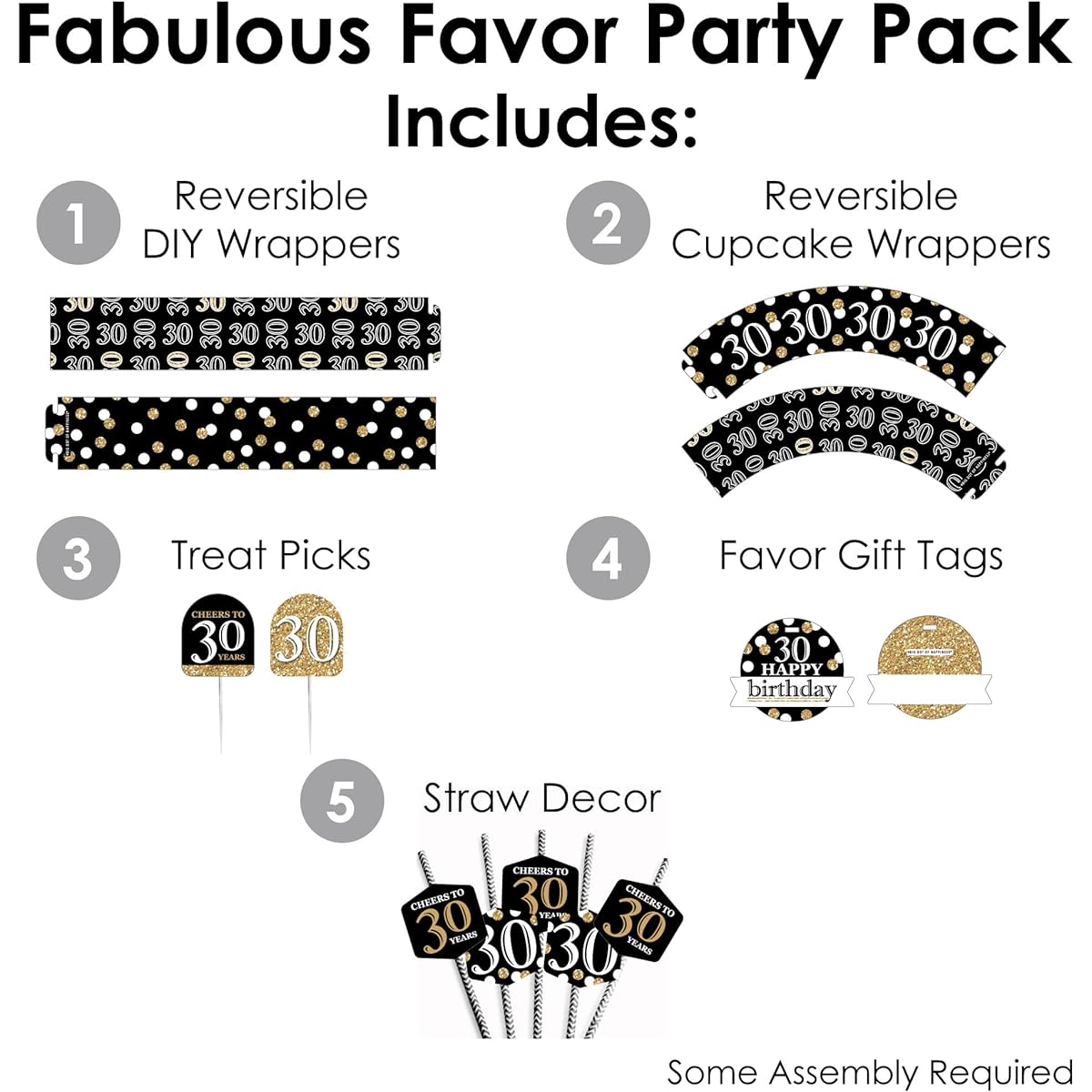 Big Dot of Happiness Adult 30th Birthday - Gold - Birthday Party Favors and Cupcake Kit - Amazing Favors Party Pack - 100 Pieces