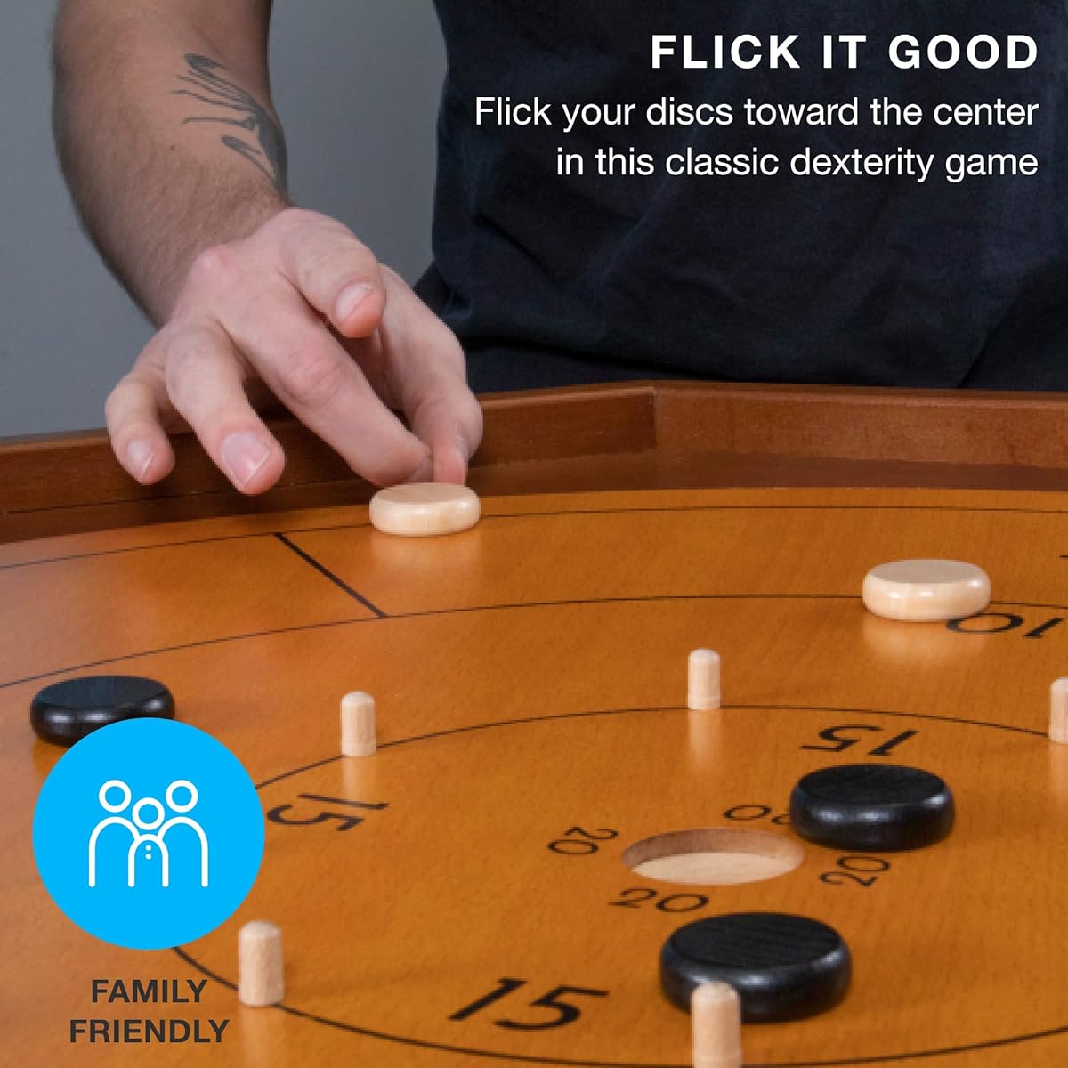 Tournament Crokinole & Checkers | Classic Dexterity Board Game for 2 Players | 24 Black & White Discs & Game Board | 27"