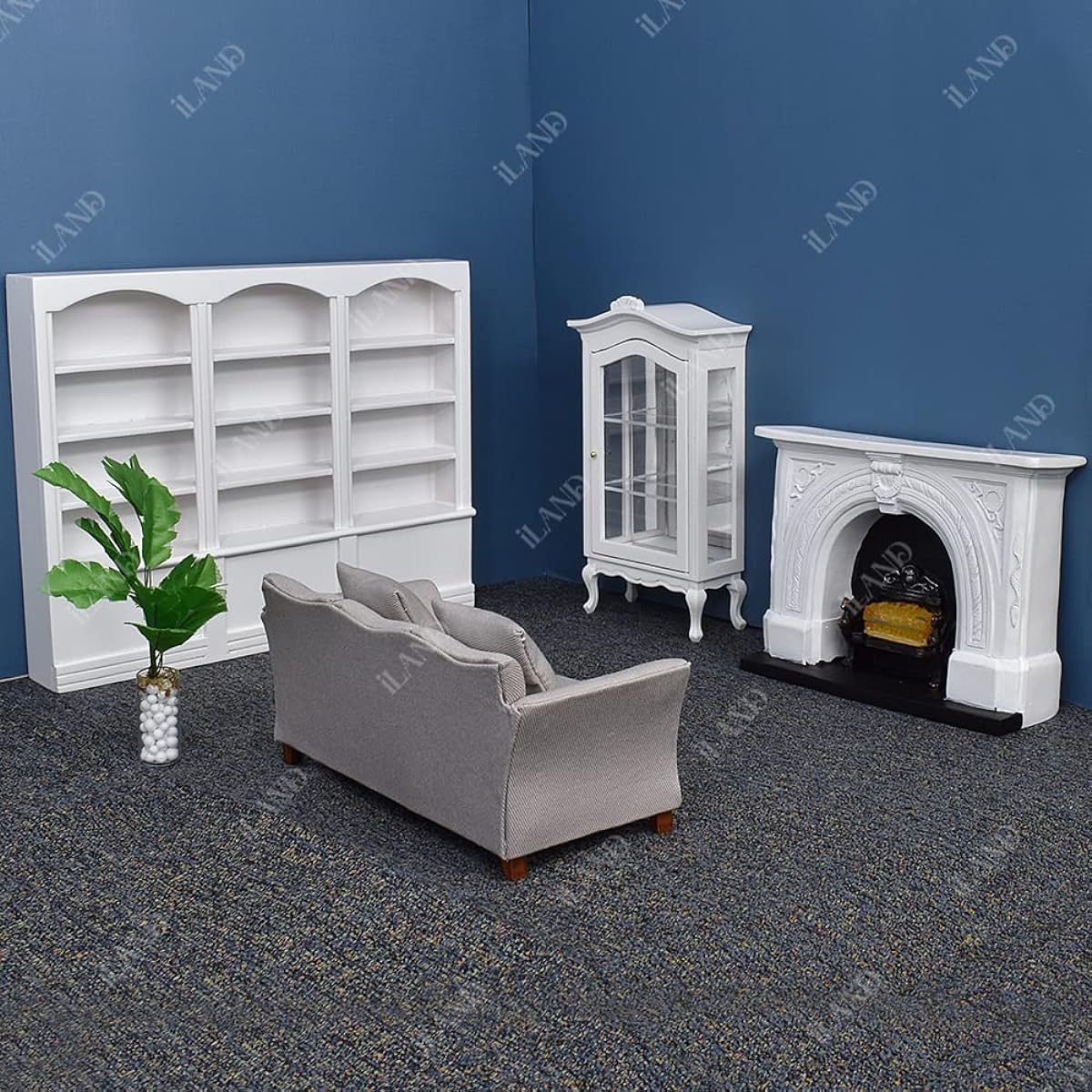 iLAND Dollhouse Furniture Miniature Dollhouse Sofa Book Cabinet Display Cabinet Lighted Fireplace Dollhouse Living Room Plants (Luxurious Modern 5 Pieces)