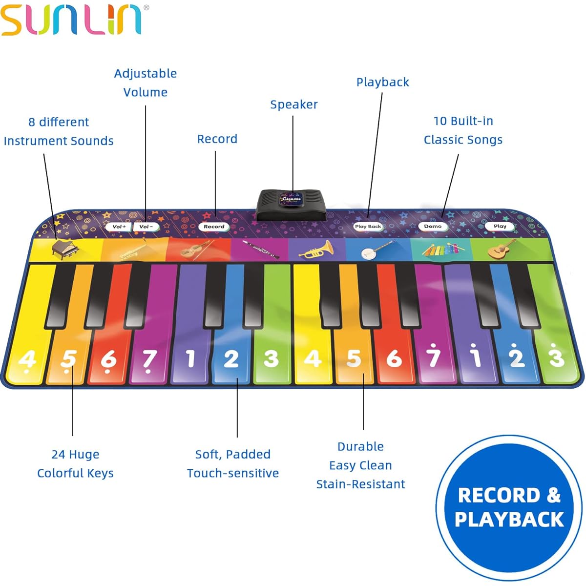 SUNLIN 6ft Floor Piano Mat for Kids and Toddlers, Giant Piano Mat, 24 Keys, 10 Built-in Songs, 8 Instrument Sounds, Record and Play, Song Booklet, Musical Toy Gift for Boys and Girls Age 3 , 4, 5, 6, 7, 8 and 9 years