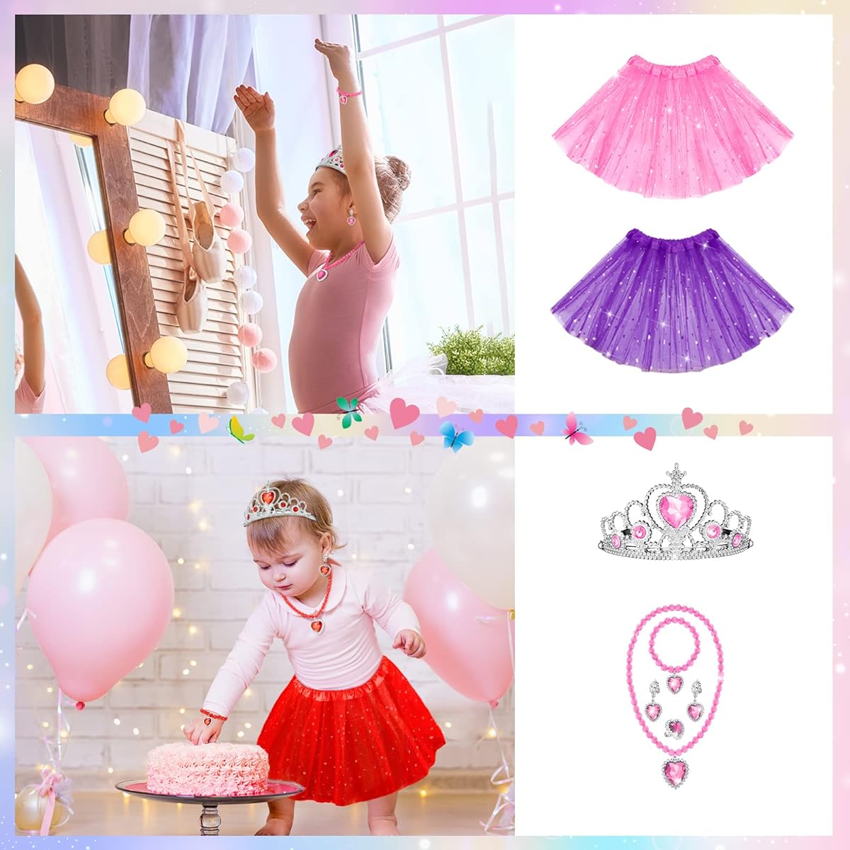 70 Pieces Princess Dress Up Accessories Set Princess Pretend Play Jewelry Princess Costume Star Tutu Skirt Crown Adjustable Jewel Necklace Rings Earrings Bracelet Girls Party Favors