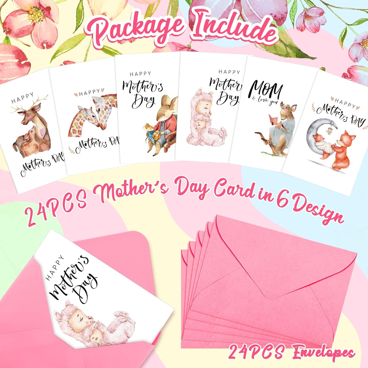 Whaline Assorted Mother's Day Greeting Cards, 24 Pack Mother's Day Note Cards with Envelopes, 6 Designs, Cute Animal Themed Postcards for Women, Gifts for Mothers, 4 x 6 Inches