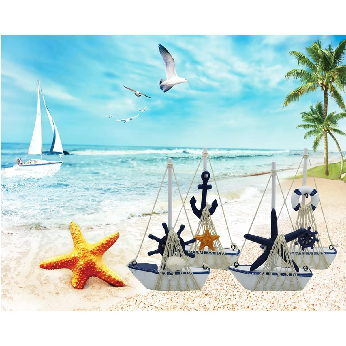 Mini Yacht Model Decorations by Wisonik 4 Pieces Miniature Sailing Boat Model Wooden Decorative Yacht Nautical Home Decor 4.4 x 6.8 x 1.25 Inch