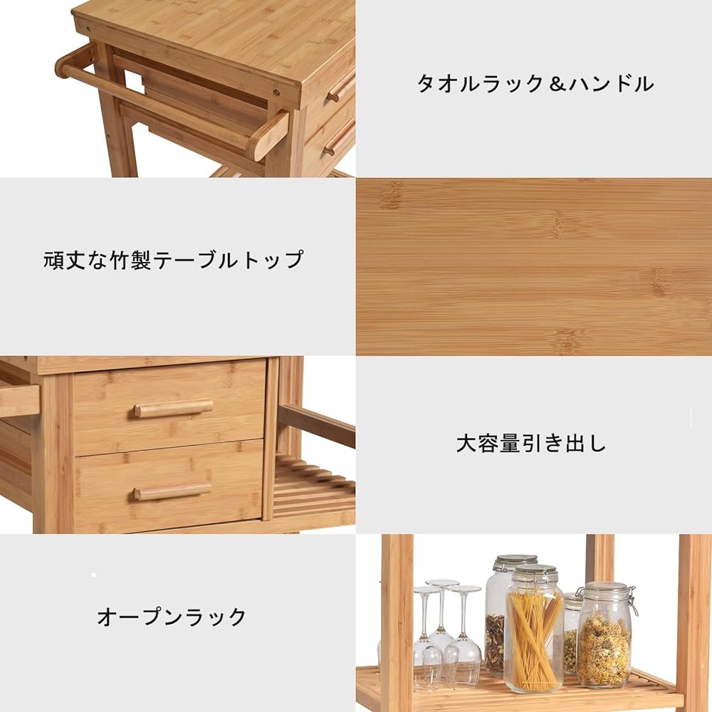 Costway Kitchen Wagon Storage Wagon 3 Tiers with Casters Bamboo Storage Cart Mobile Cabinet Rolling Cart Drawer with Handle Storage Wagon Documents Tools Small Items Storage Kitchen Office Restaurant Warehouse