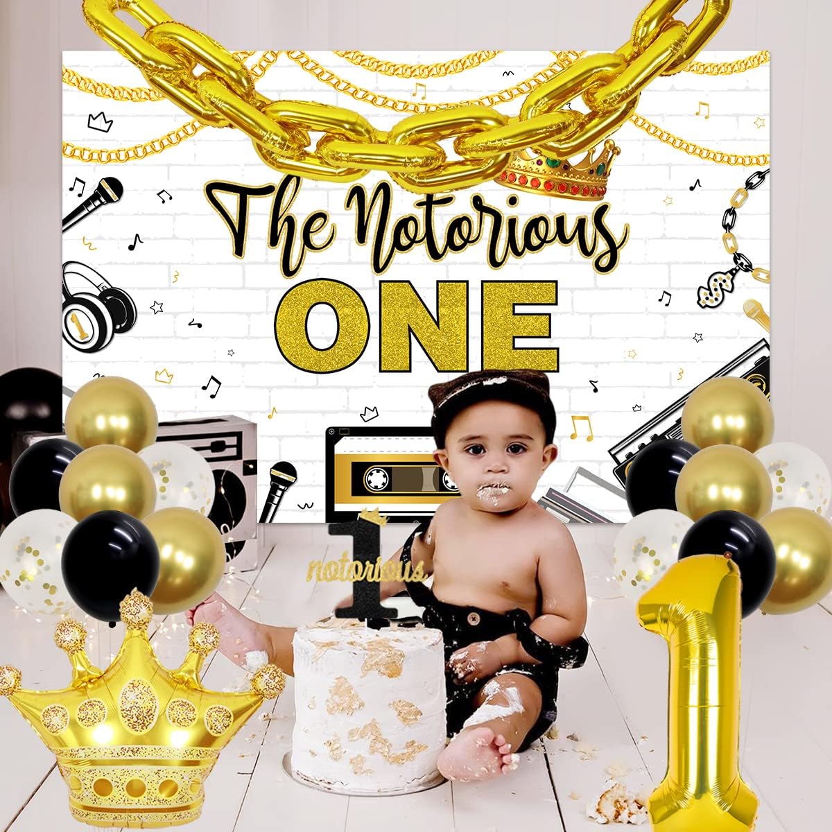 Notorious One Birthday Decorations for Boys the Notorious One Birthday Backdrop Notorious Swan Cake Cupcake Topper with Gold Chain Balloon Garland Hip Hop Big One 1st Birthday Party Decorations