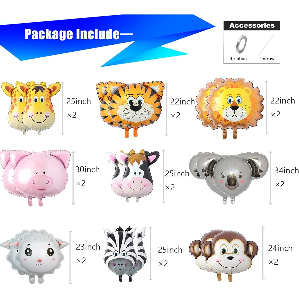 18 Piece Jungle Safari Animal Balloons Kit for Kids Birthday Party. Jungle safari animal theme party decorations. Zoo balloons-Lion-Tiger-Cow-Sheep-Pig-Kaoro-Monkey-Zebra-Giraffe