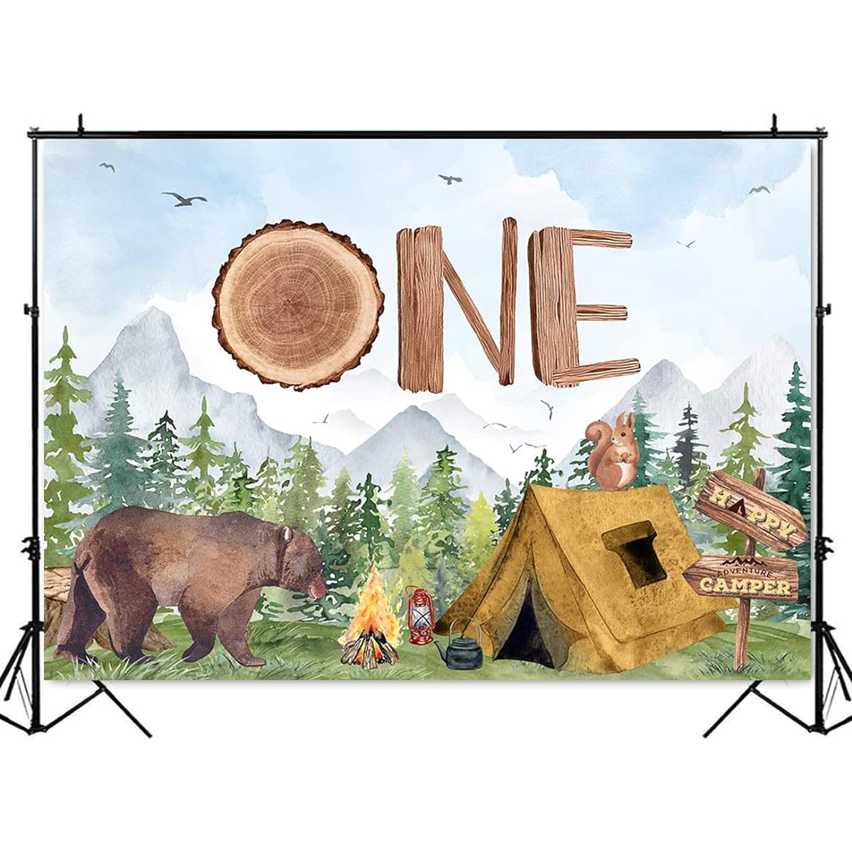 Mocsicka Forest Camping Birthday Backdrop Happy Camper Birthday Decorations Boy Adventure 1st Happy Camper Birthday Party Supplies Tent Campfire Photography Background (7x5ft(82x60in)