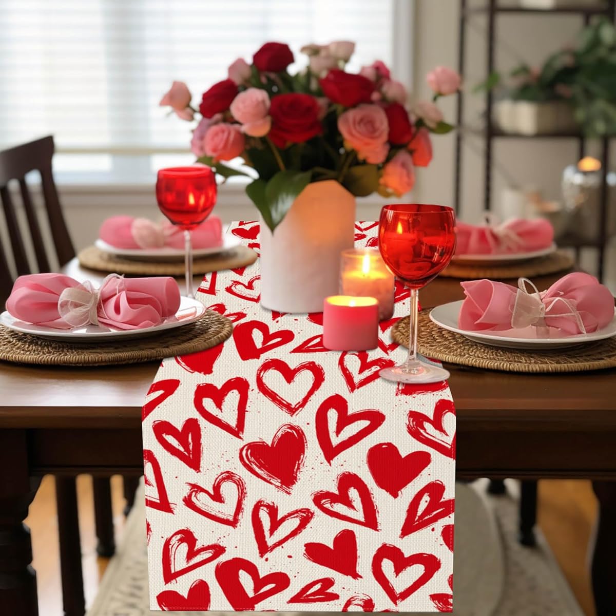 Valentine's Day Table Runner 13x72 Inch Red Love Heart Doodle Anniversary Wedding Seasonal Table Decorations for Farmhouse Kitchen Dining Party