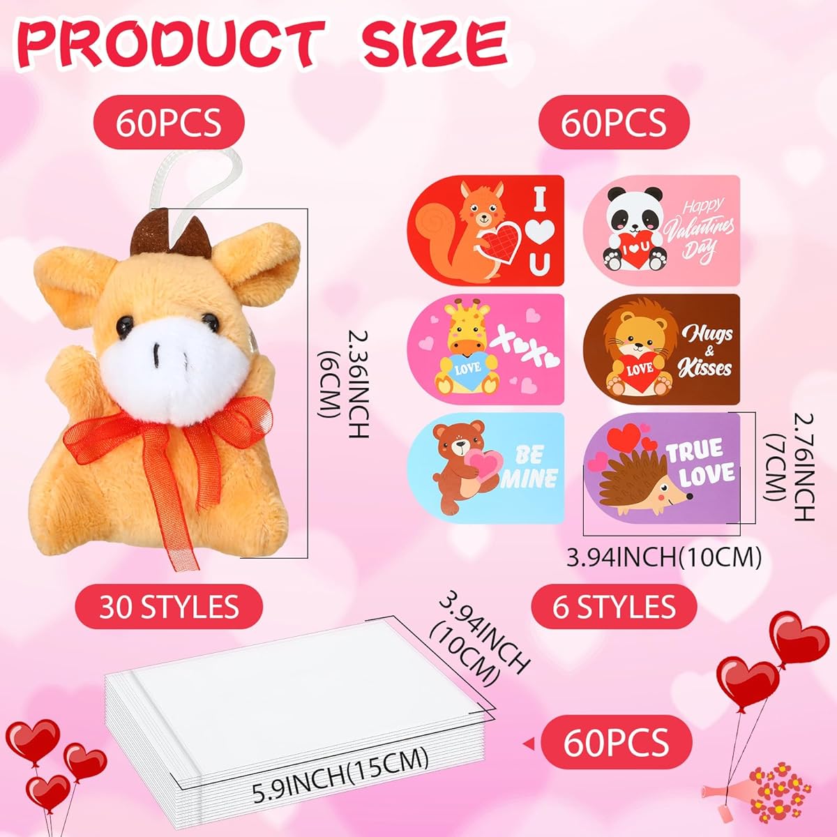 Syhood 60 Pack Valentine's Party Favors, 60 Valentine Plush Toys and 60 Greeting Cards for School Gift Exchange, Party Favors Supplies, Classroom Prizes