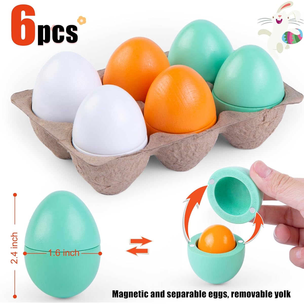 POPLAY Toddler Play Eggs, 6 Pieces Wooden Egg Toys, Magnetic Eggs with Separable Yolk, Pretend Play Food Toys for Kids Preschool Easter Eggs Kitchen Pretend Play