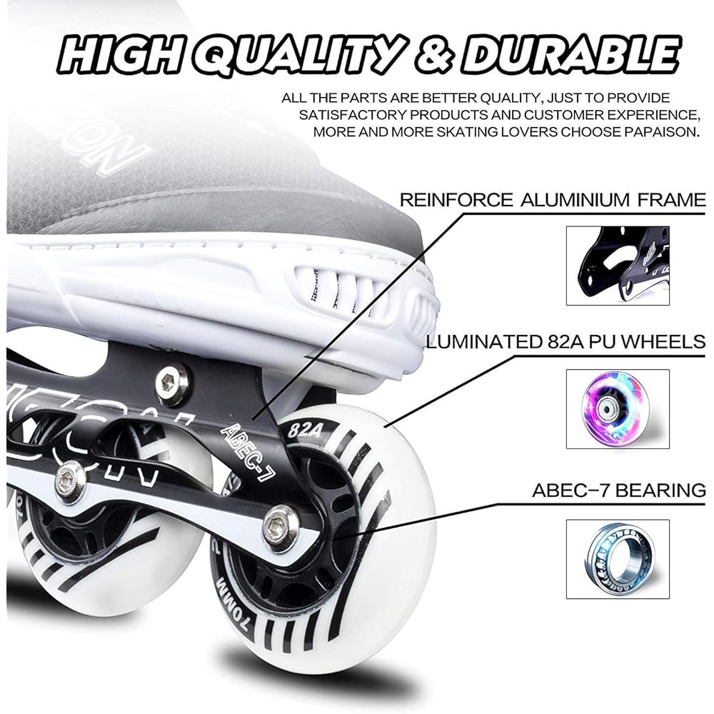 PAPAISON Inline Skates, Roller Skates, Size Adjustable, Luminous, For Children, Adults, Inline Skates, For Girls, Boys, Beginners, Unisex