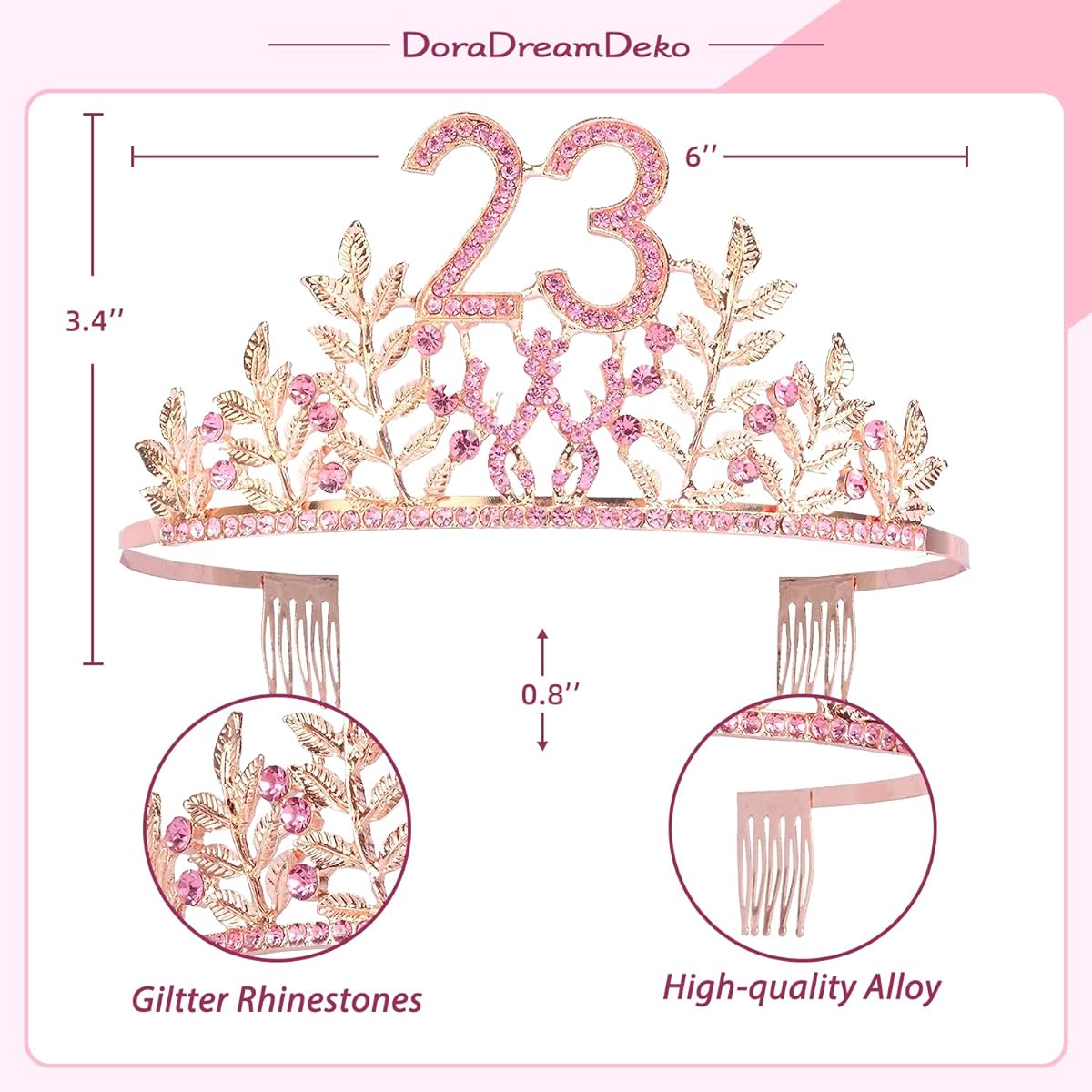 DORADREAMDEKO 23rd Birthday Sash and Tiara for Women - Lovely Set: Glitter Sash + Leaf Rhinestone Pink Premium Metal Tiara for Women Gift for 23rd Birthday Party