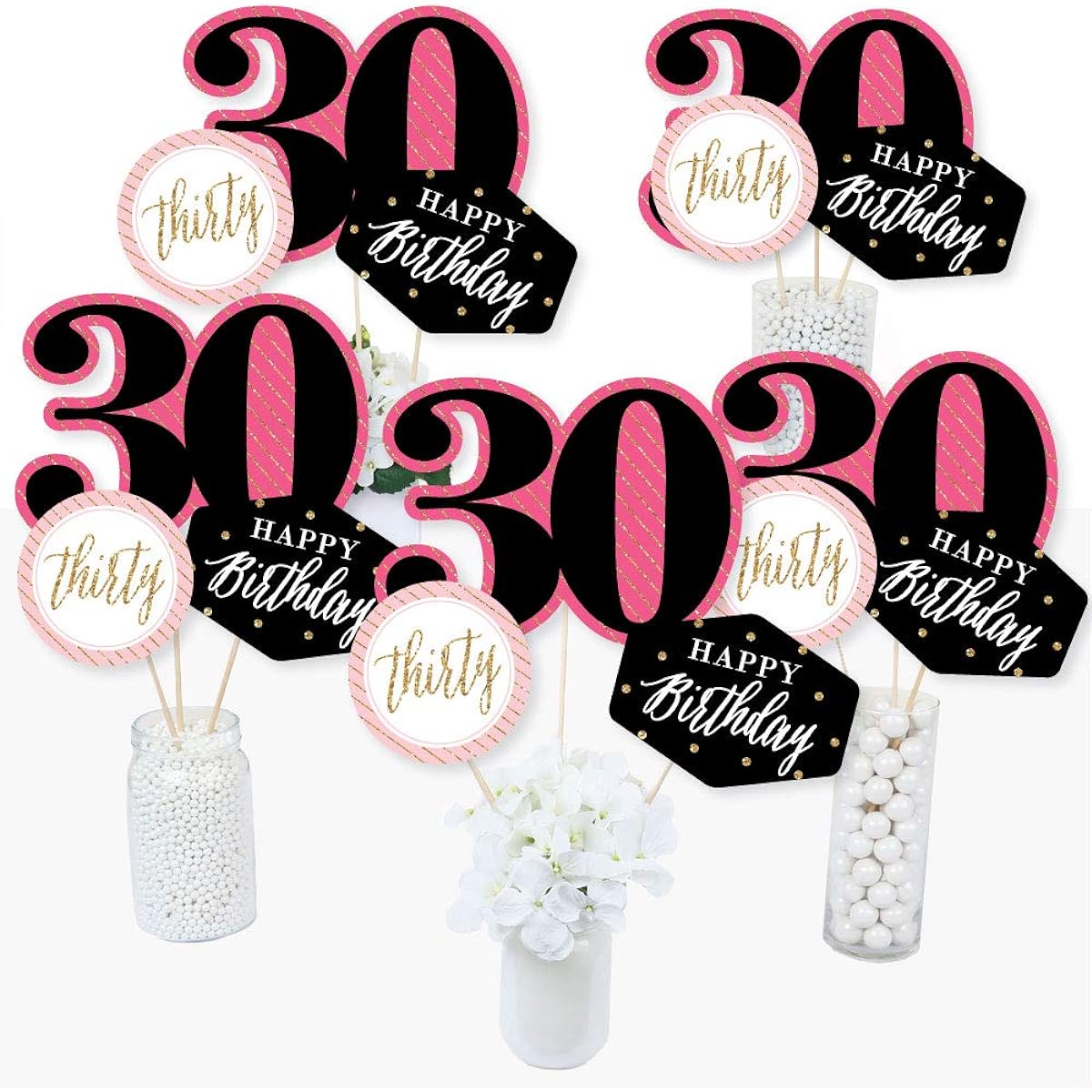 Chic 30th Birthday Table Toppers Set of 15 Pink Black Gold Birthday Party Centerpieces Sticks
