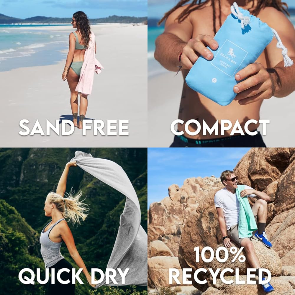 Dock & Bay Beach Towel - For Travel, Swimming, Camping, Holiday - Super Absorbent, Quick Dry, Sand Free - Compact, Lightweight - 100% Recycled Materials - Includes Bag