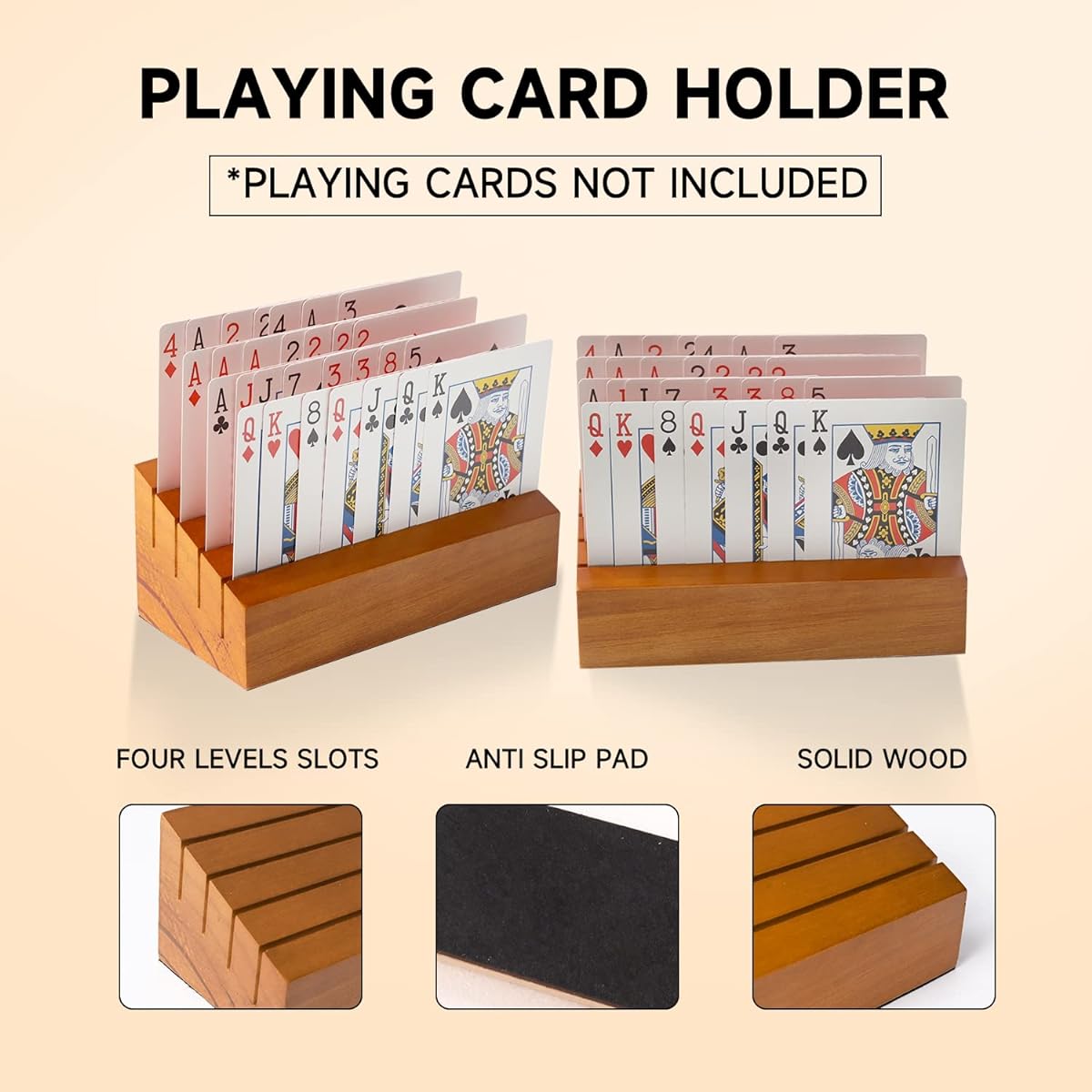 GSE Wooden Playing Card Holder Tray Rack Organizer Set for Kids, Seniors and Adults - Wooden Playing Card Tray Rack for Bridge Canasta UNO Card Playing (6" Pack of 4)