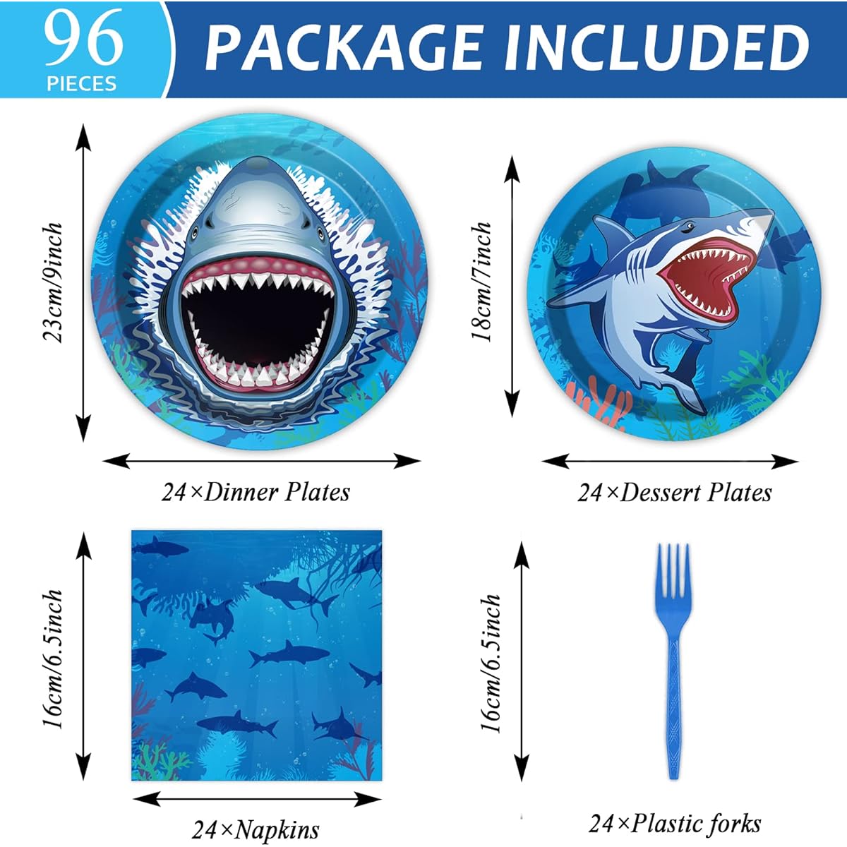 96 Piece Shark Tableware Set, Shark Theme Plates, Birthday Party Supplies, Undersea Table Decorations, Sea Animals, Shark Napkins, Tableware Shark Splash Party Favors, Serves 24 Guests
