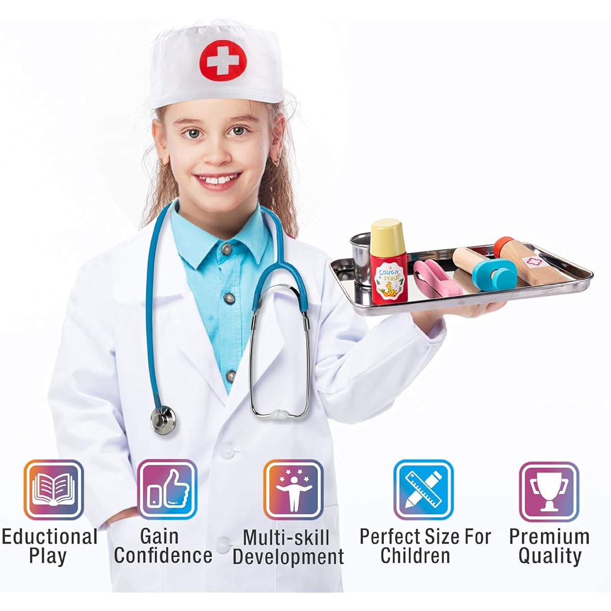 EFOSHM Kids Doctor Kit - 27 Piece Toy Medical Kit with Stethoscope, Stainless Steel Tray, Iodine Cup, Roll Doctor Playset with Signable Washable Medical Bag for Boys and Girls Ages 3+