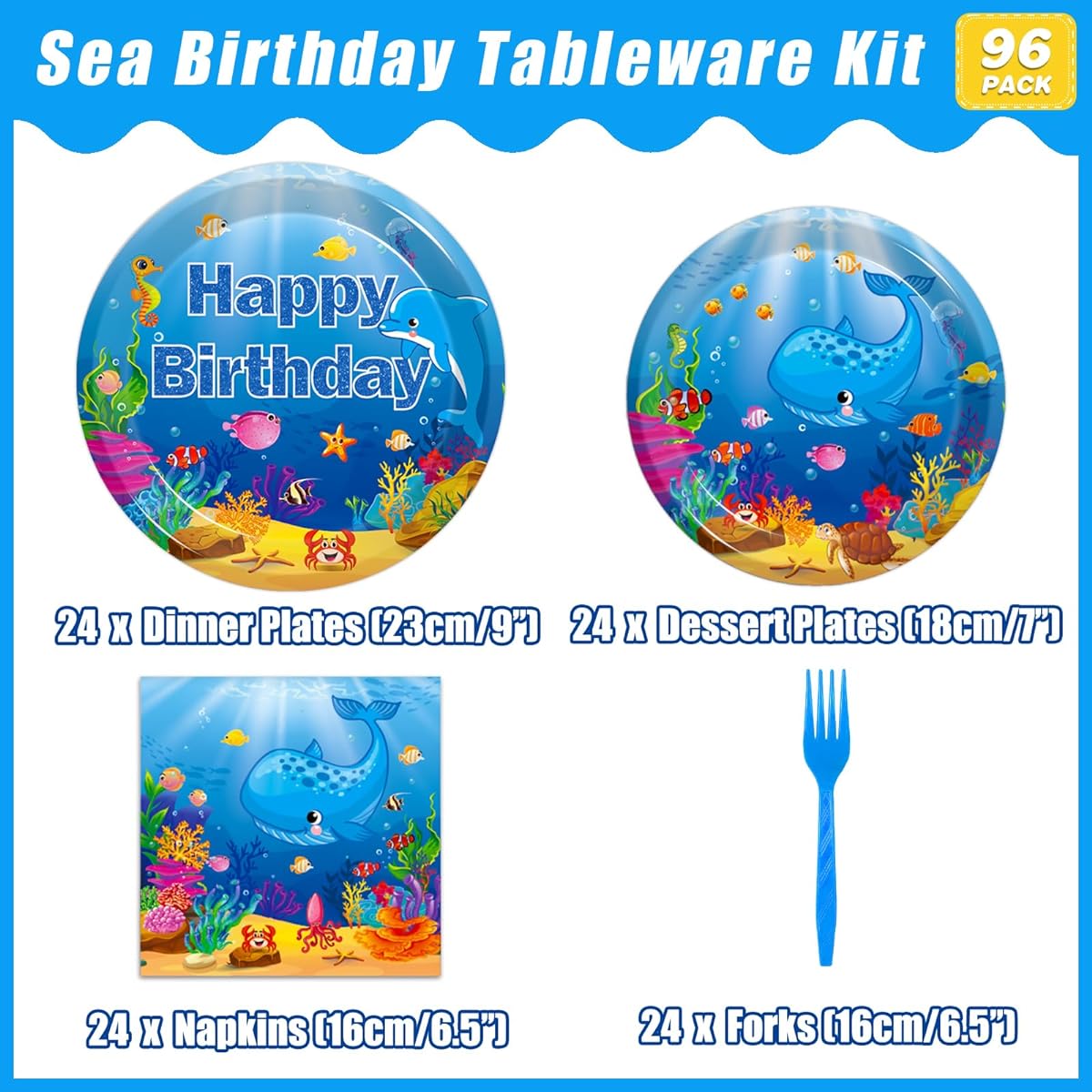 Kepeel Undersea Party Decorations Sea Creatures Birthday Party Supplies Plates Napkins Underwater World Creatures Whale Dolphin Fish Coral Reef Disposable Paper Decorations for 24 Guests 96 Pieces