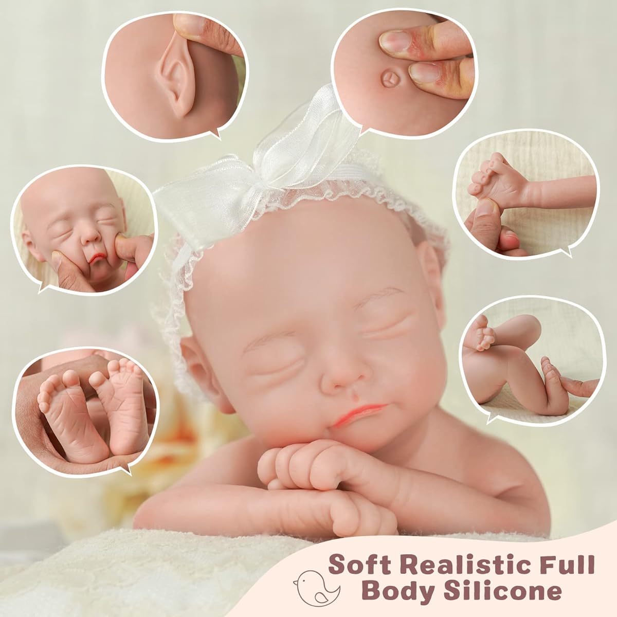BABESIDE Full Body Silicone Reborn Baby Doll - Girl 12 Inch - Soft Flexible Realistic - Newborn Doll Not Vinyl Doll Asleep Solid Platinum Silicone Doll Real Life Baby Doll - Gift for Kids Girls