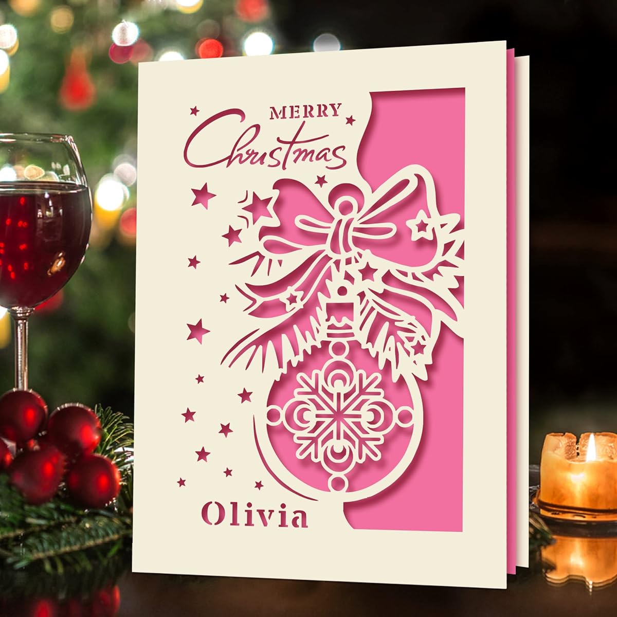 Personalized Christmas Cards 2022 Custom Greeting Cards Laser Paper Christmas Cards Santa Gifts for Kids Boys Girls Daughter Granddaughter Grandpa Niece with Envelopes (Fuchsia)