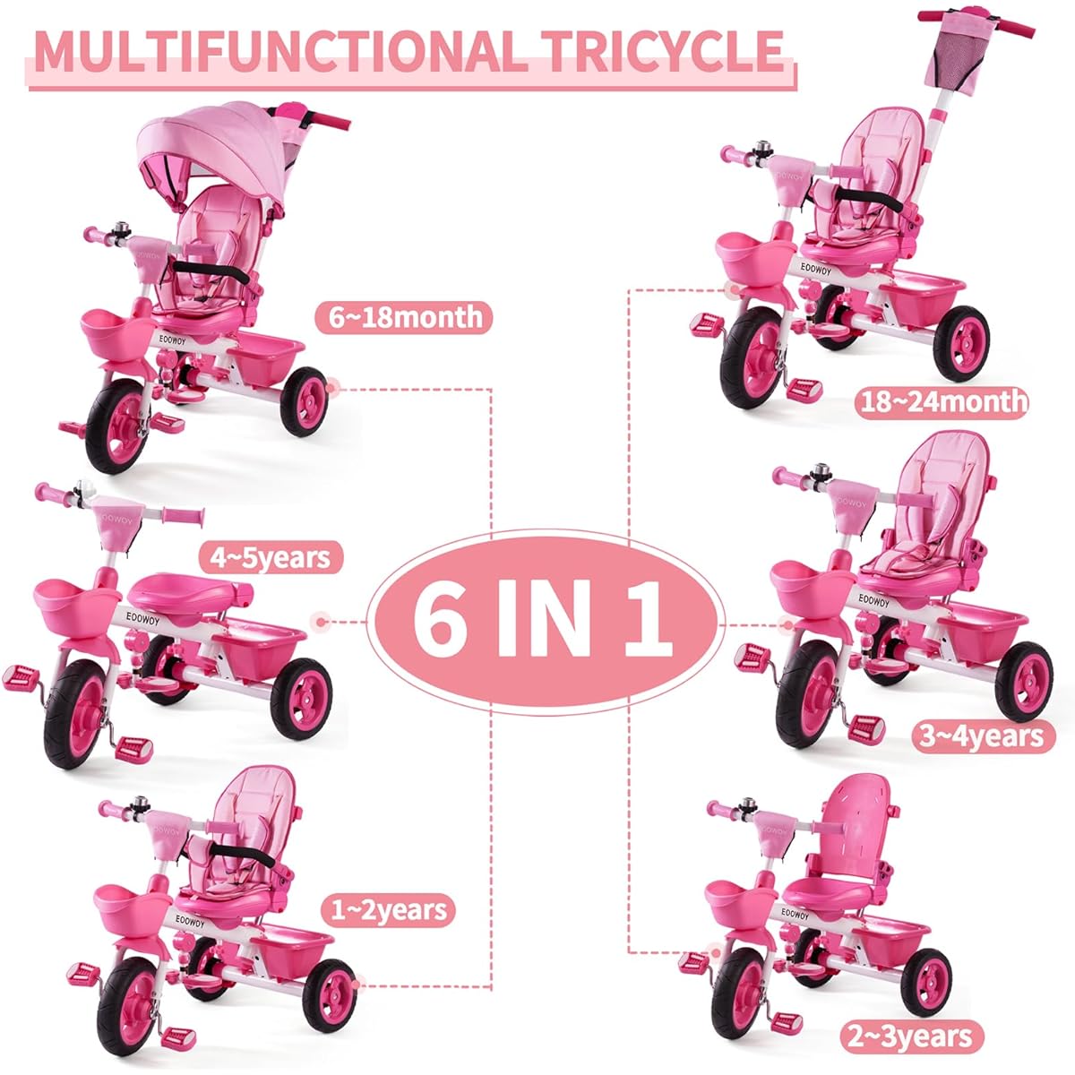EOOWOY Baby Tricycle 6 in 1 Kids Trike with Push Handle Swivel Seat Removable Canopy Safety Harness All Terrain PU Wheels for 18 Months-5 Years (Pink)