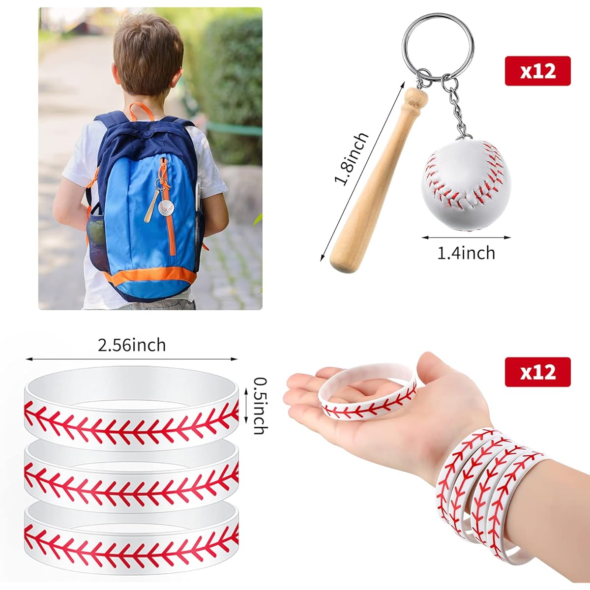 24 Piece Baseball Party Supplies Set, 12 Baseball Silicone Bracelets, Baseball Wristbands, 12 Baseball Keychains, Birthday Party School Party Favors