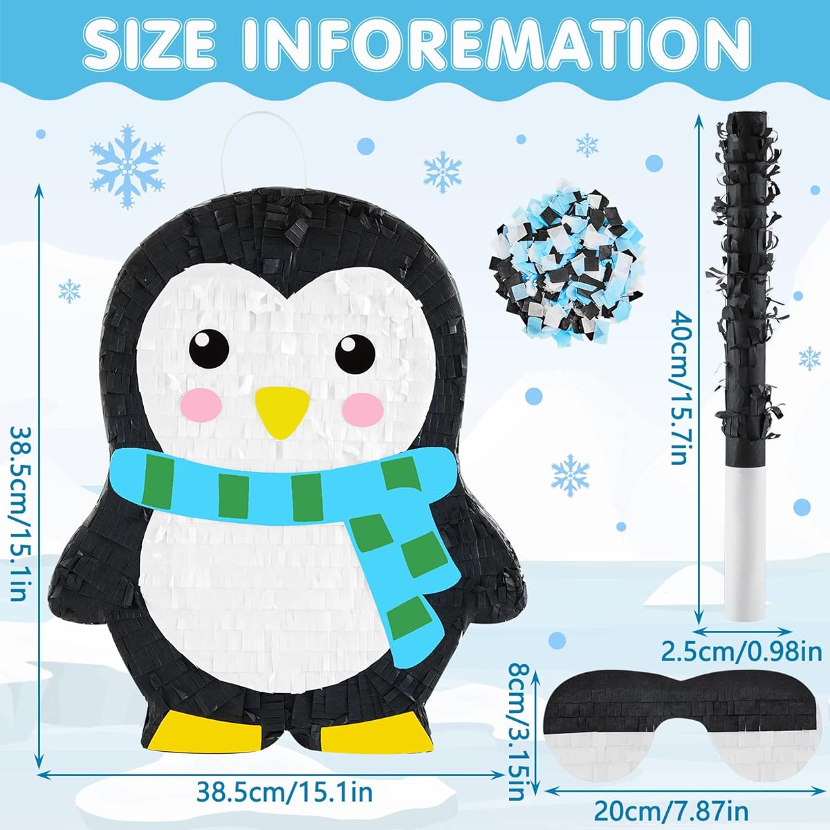 Penguin Pinata Winter Penguin Birthday Party Supplies Candy Animal Pinata Stick Confetti with Blindfold Boys Girls Baby Shower Adult Birthday Party Game Decorations 4 Pieces