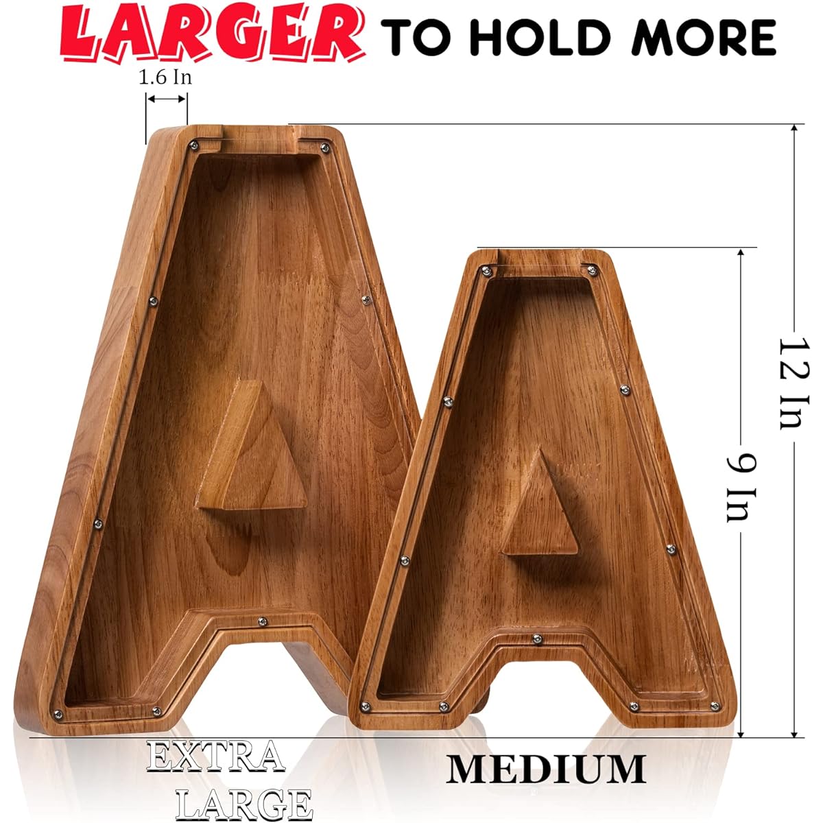 ladenk 12" Extra Large Wooden Letter Piggy Bank for Kids - Money Box for Boys and Girls - Initial A Bank - Alphabet Piggy Bank for Birthdays