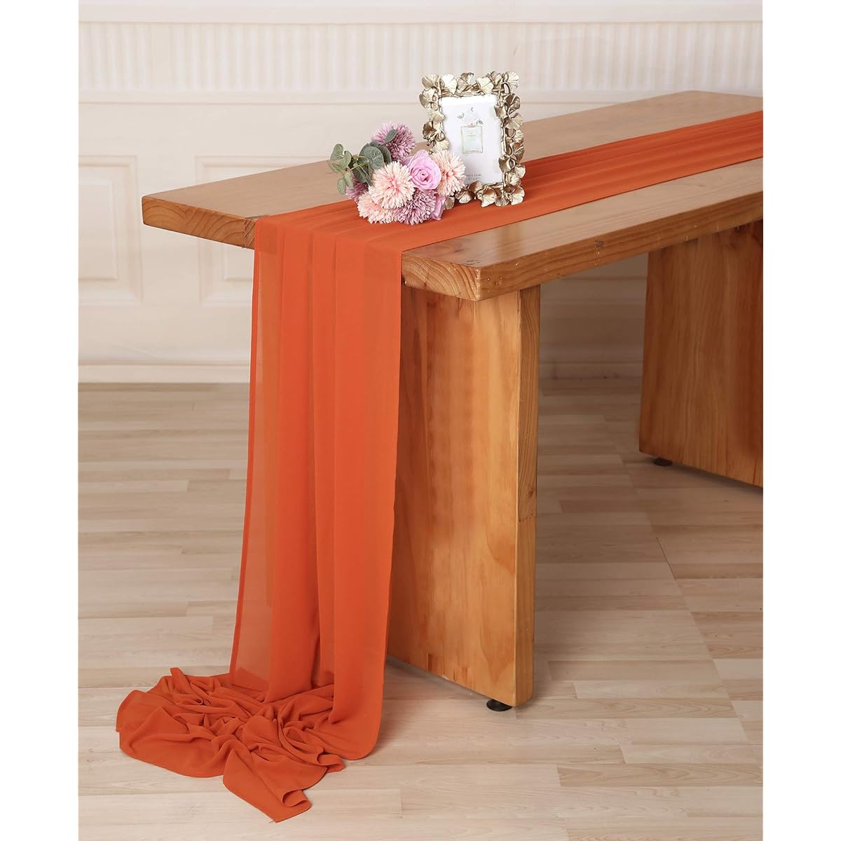 SHERWAY 27 x 168 Inch Burnt Orange Wedding Chiffon Table Runner, Extra Long 14 Feet Soft Semi Sheer Tablecloth Table Overlay for Rustic Wedding Bridal Shower Baby Shower Party Table Decoration