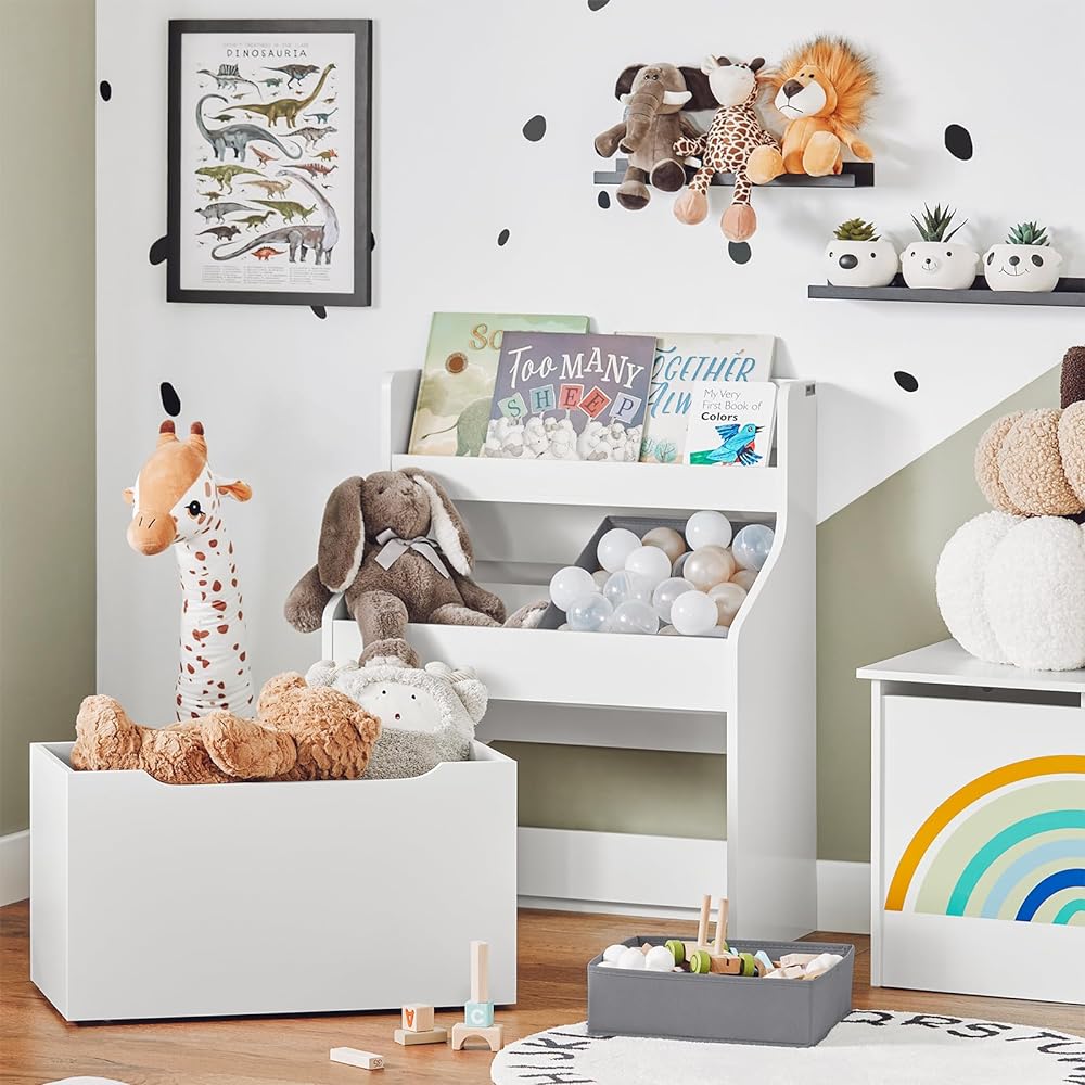 SoBuy Picture Book Shelf, Picture Book Rack, Toy Storage, Toy Box, Stylish, Width 63 x Depth 32 x Height 80 cm, Large Capacity, Box with Casters, Storage Shelf, Storage Case, Kids, Storage Box, Children's Shelf, Open Shelf, Children's Furniture (KMB71-W)