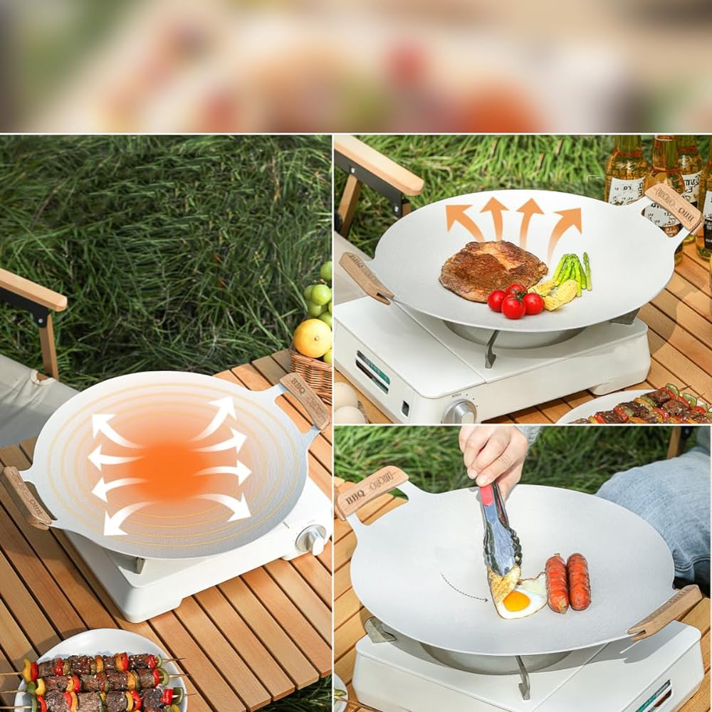Iron Plate Multi Griddle Compatible with IH/Gas/Open Fire, Diameter 30/33/36CM, No Seasoning Required, Non-stick, Solo Camping, Yakiniku Plate, Outdoor Camping Griddle Pan, Fluorine Coating, Lightweight BBQ Equipment (3 Piece BBQ Tool Set + Oil Rack + Wo