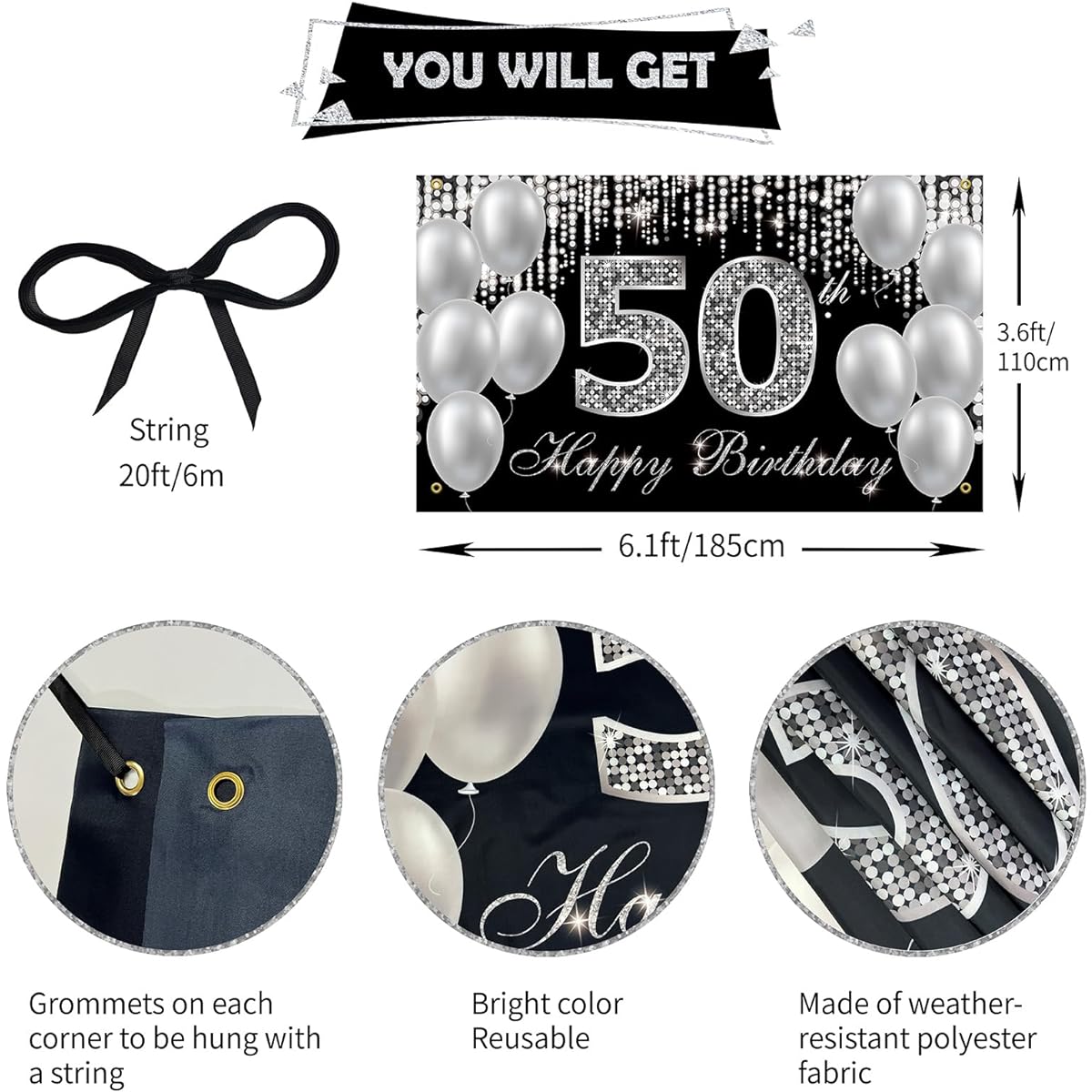 HTDZZI 50th Birthday Banner Backdrop, Happy 50th Birthday Decorations for Women Men Black Silver 50th Birthday Party Yard Sign Photo Booth Props Decor Supplies Fabric