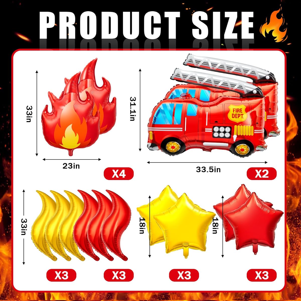 Glimin 18 Piece Fire Truck Balloon Set, 4 Aluminum Foil Frame Balloons, 2 Fire Engine Balloons, 6 Firefighter Balloons, Star Balloons, Rescue Theme Decoration, Firefighter Birthday Party Supplies
