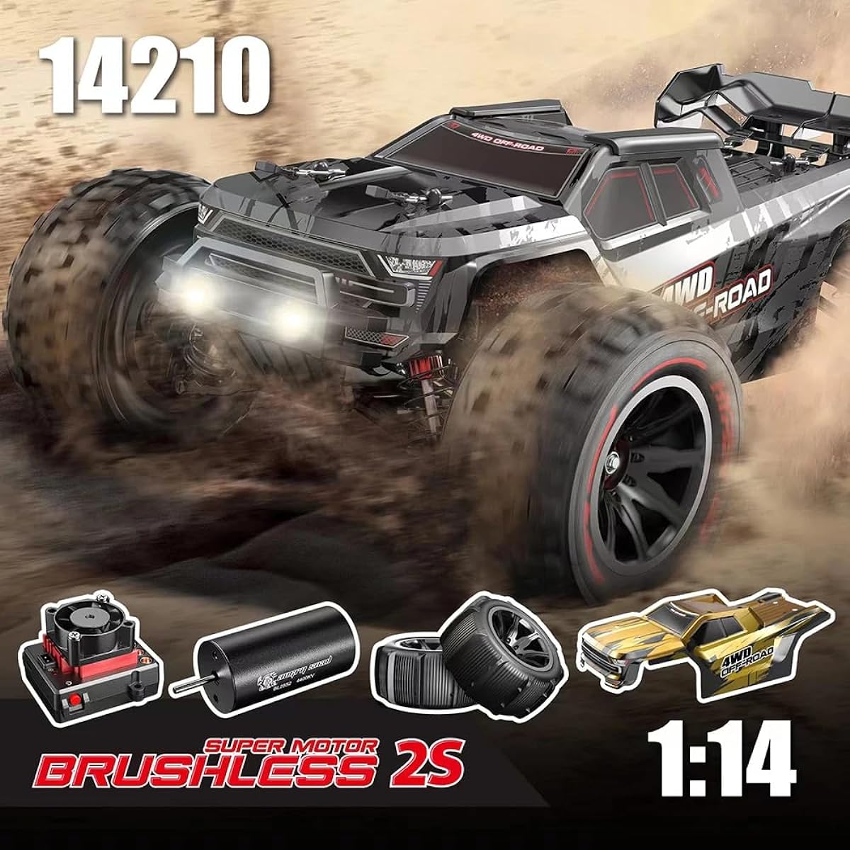 TesPower MJX Hyper Go 14210 Brushless RC Car for Adults 1/14 High Speed 55KMH High Speed RC Truck 4WD Off-Road Splash Waterproof Electric Remote Control Car Gift for Boys with 2 Shells