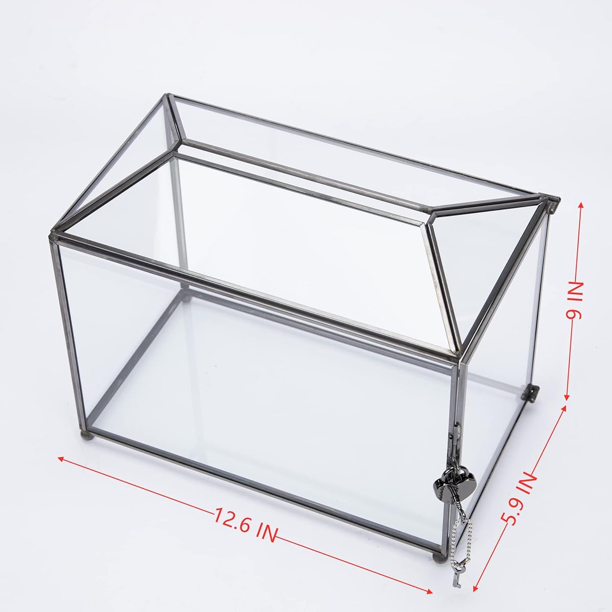 WHSLILR 12.6 Inch Glass Card Box Wedding Card Box with Lock Wedding Reception Cosmetic Home Decoration Handmade Large Geometric Terrarium Hinged Lid Brass Frame - (Black/Roof)