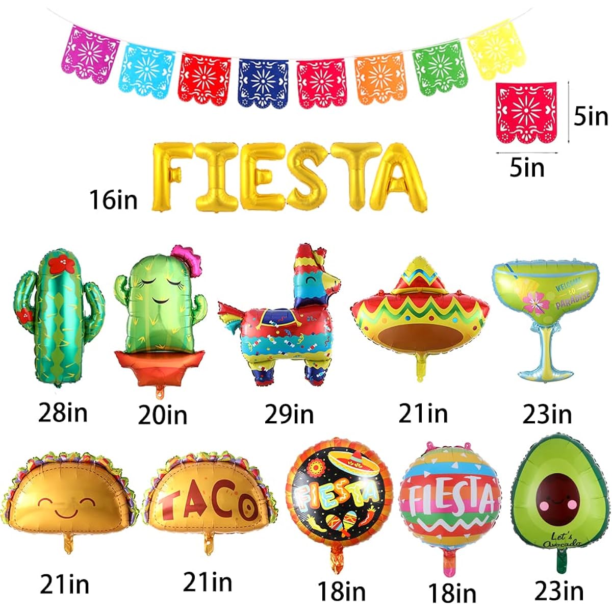 Fiesta Balloons for Fiesta Party Decorations, 17pcs Cinco De Mayo Balloons Taco Cactus Llama Avocado Balloons Mexican Party Papel Picado Banner Fiesta Taco Luau Party Decorations (Foil Balloons)