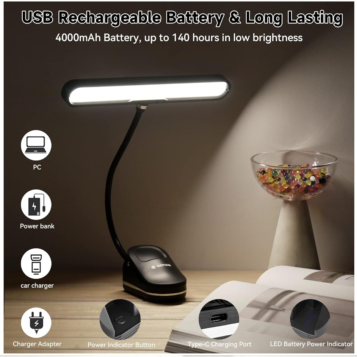 Glovion Music Stand Light Clip-on Piano Light 37 LED Book Light 3 Levels Brightness Stepless Dimmable Color Orchestra Light USB Rechargeable Perfect for Piano/Guitar/Orchestra/Reading/Sewing Crafts