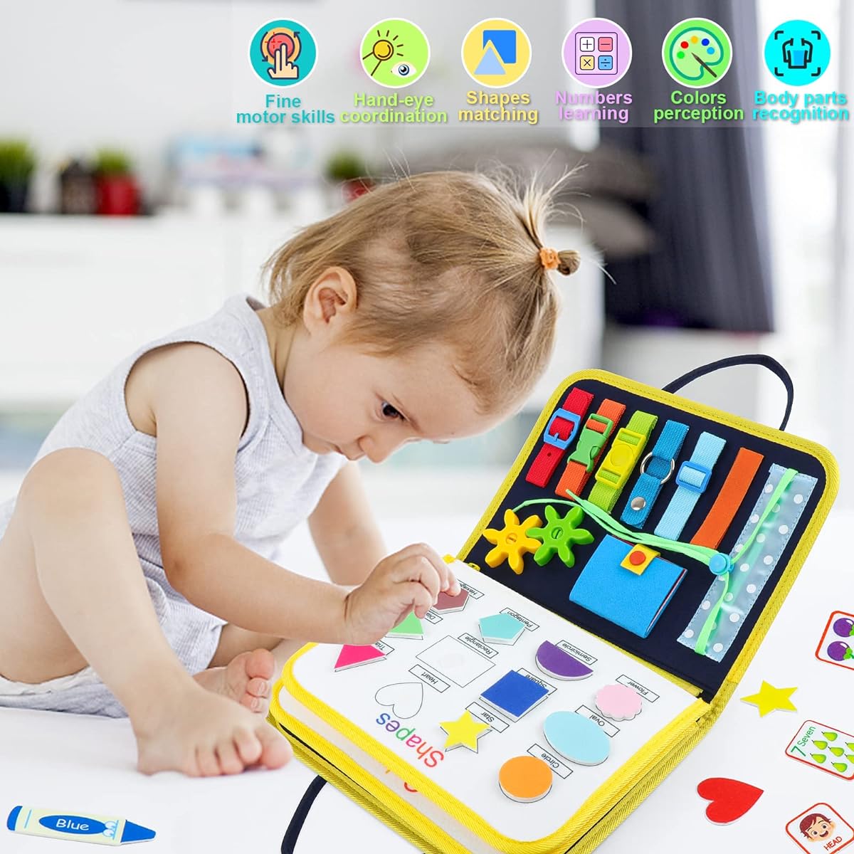 FASTSPOK Busy Board for Ages 1 2 3 4 5, Sensory Toys for Toddlers 1-3 Preschool Learning Activities, Sensory Board for Fine Motor Skills Development - Travel Toys for Plane Car, Great Gift for Boys and Girls