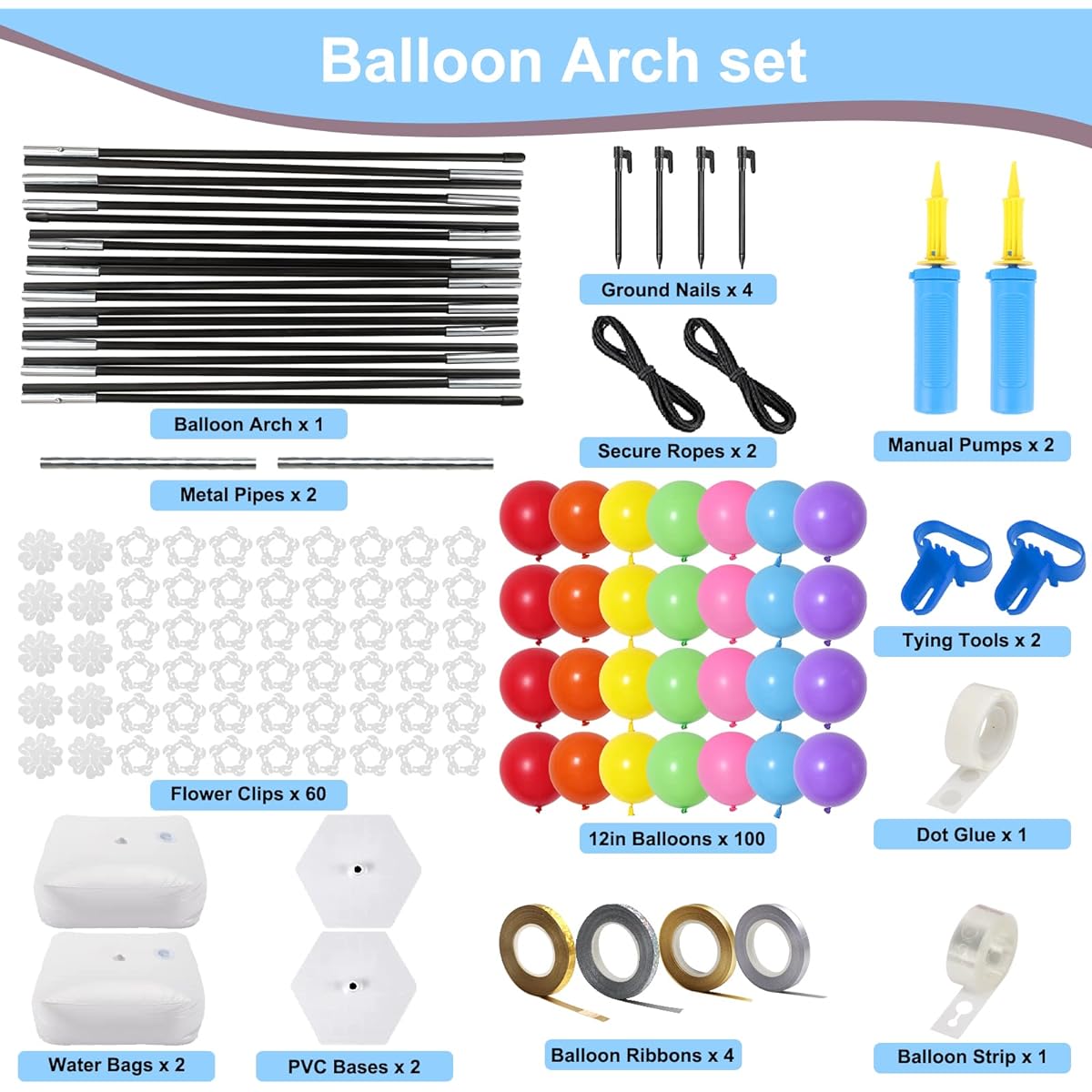 RUBFAC Balloon Arch Stand Kit with 100 Rainbow Balloons, 2 Pumps, 10ft Wide Adjustable Balloon Arch with Water Base, 60 Balloon Clips for Wedding, Graduation Decorations, Birthday Party Supplies
