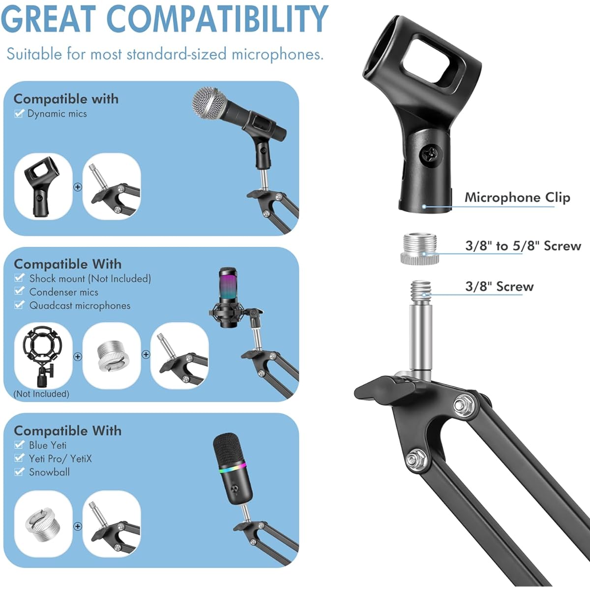 LacBec Microphone Stand Boom Arm Mic Stand Desk Mount Adjustable Suspension Boom Scissor Arm Stand for Podcasting Game Recording Compatible with HyperX QuadCast, Blue Yeti Snowball and Other Microphones
