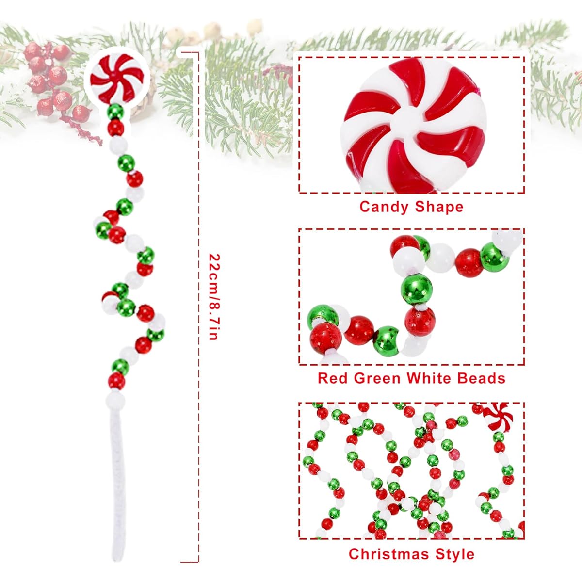 Whaline 36 Pieces Christmas Curly Picks Candy Style Christmas Tree Picks Red White Green Christmas Tree Toppers Ornaments Winter Holiday Home Office Party Decor 8.7 Inch